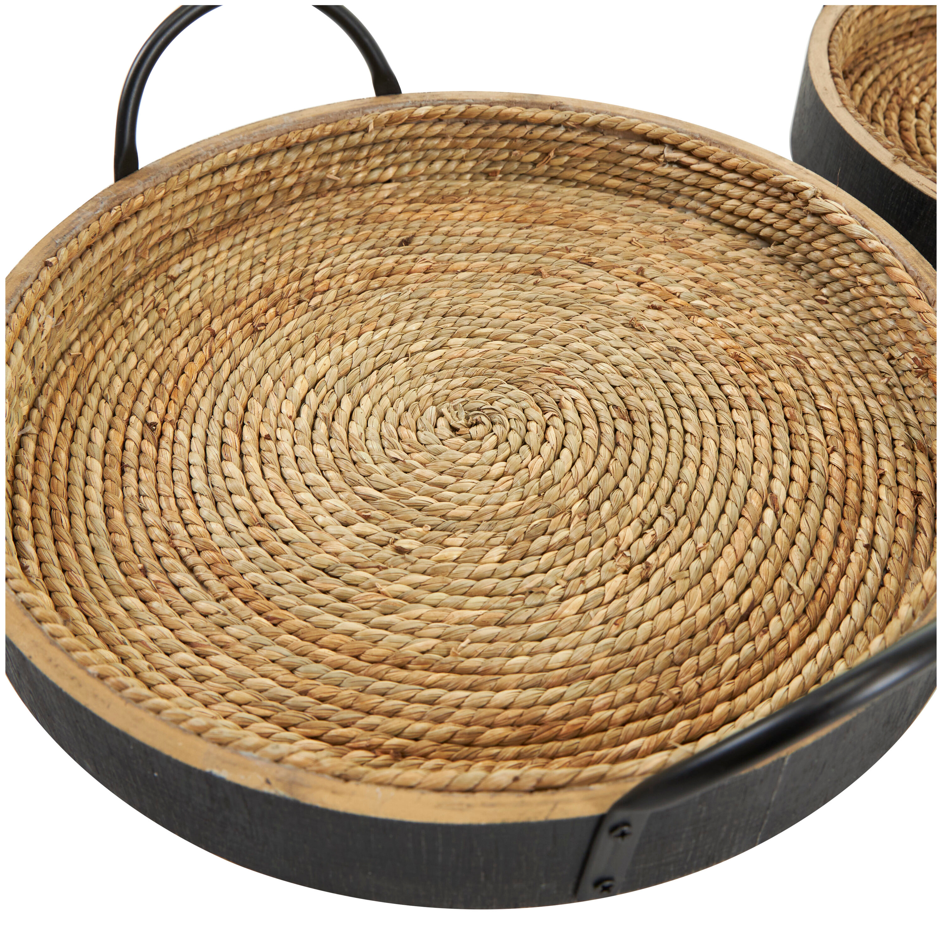 Set of 2 Round Black and Natural Wood Decorative Trays