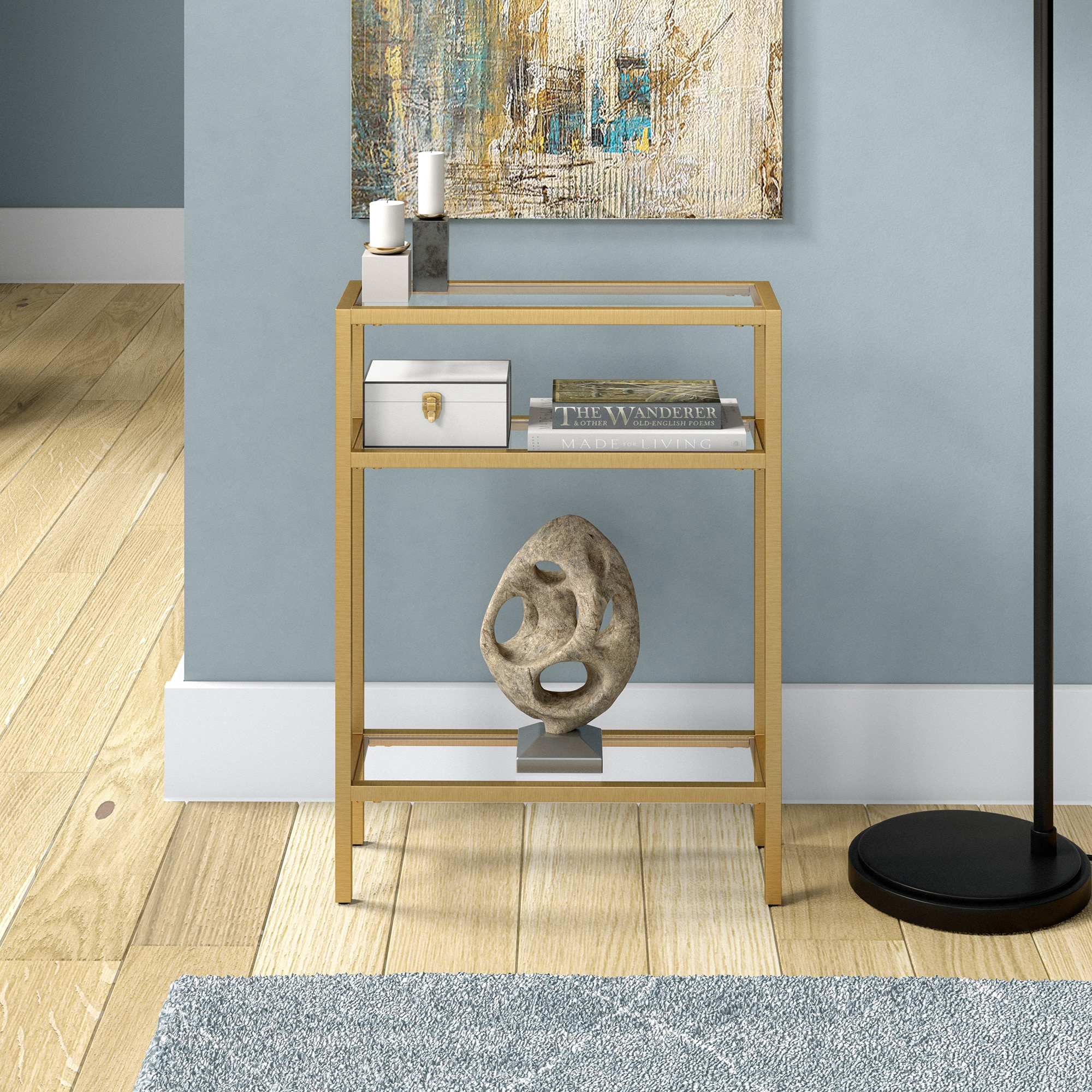 Compact Modern Industrial Brass & Glass Console Table with Storage