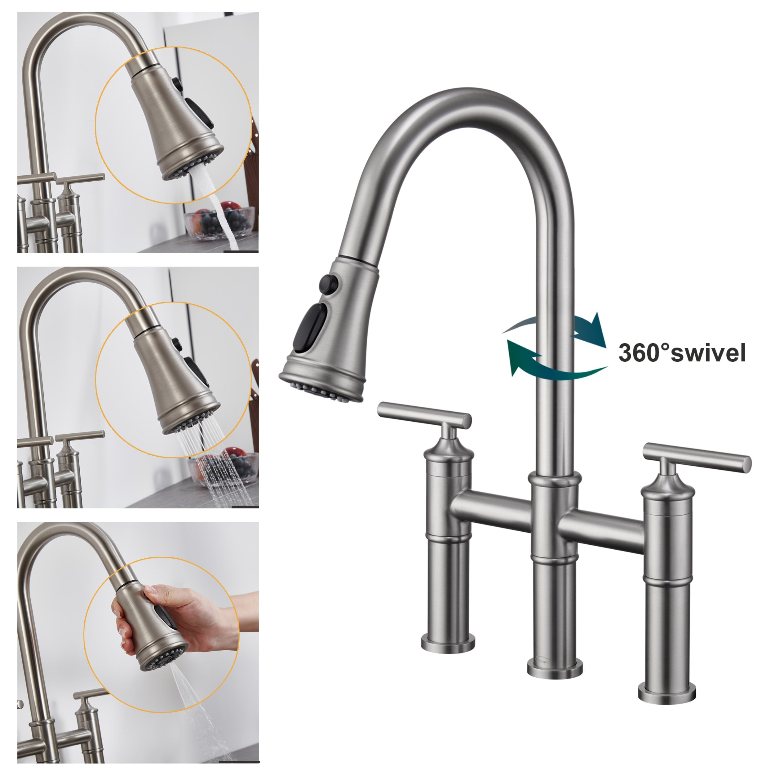 Brushed Nickel Double Handle Bridge Kitchen Faucet with Pull-Out Spray