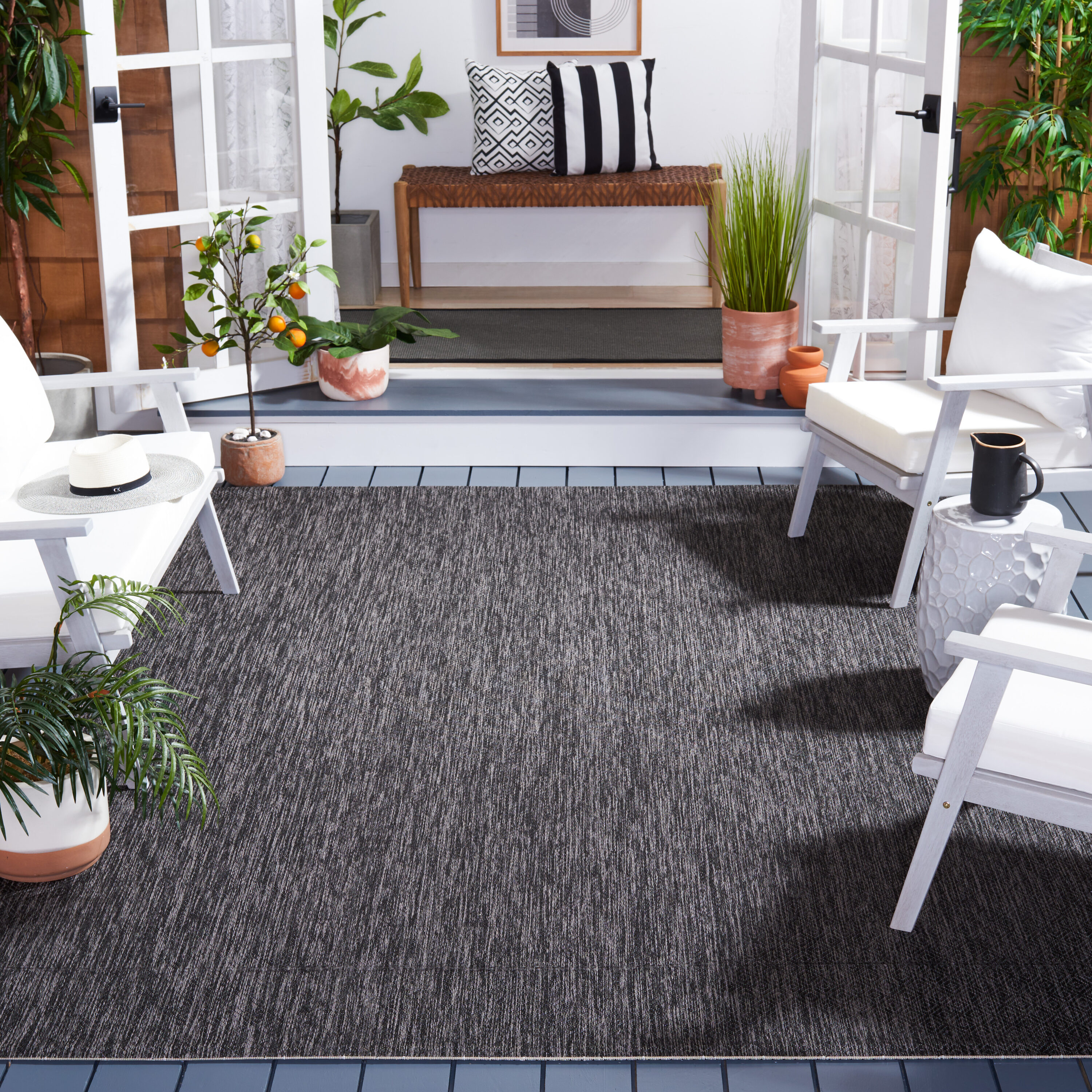 SAFAVIEH Courtyard Mitre Geometric Indoor/Outdoor Area Rug, Black/Grey, 6'7" x 6'7" Square