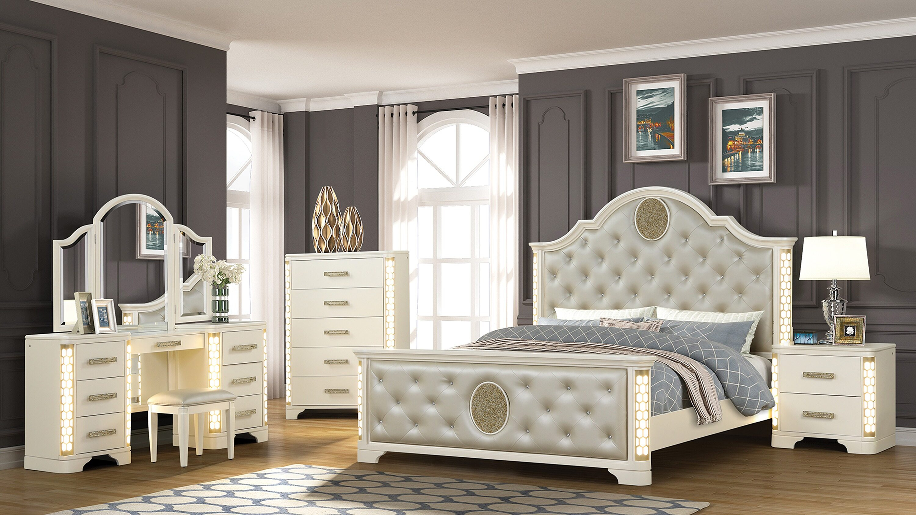 Jasmine Queen 5-N Pc Unique LED Bedroom Set made with Wood in Beige