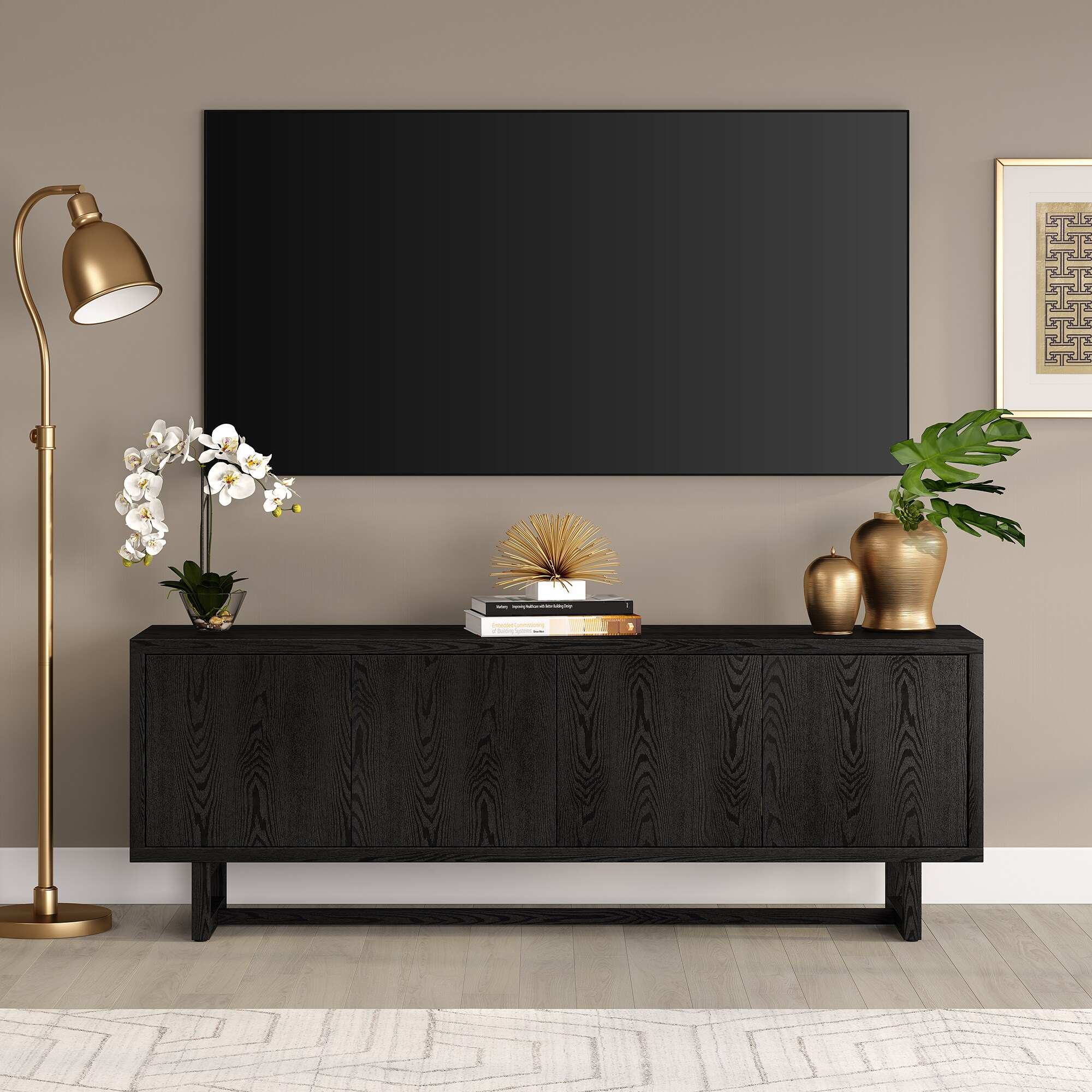 Evelyn&Zoe Cutler Rectangular TV Stand for TV's up to 75", Black Grain