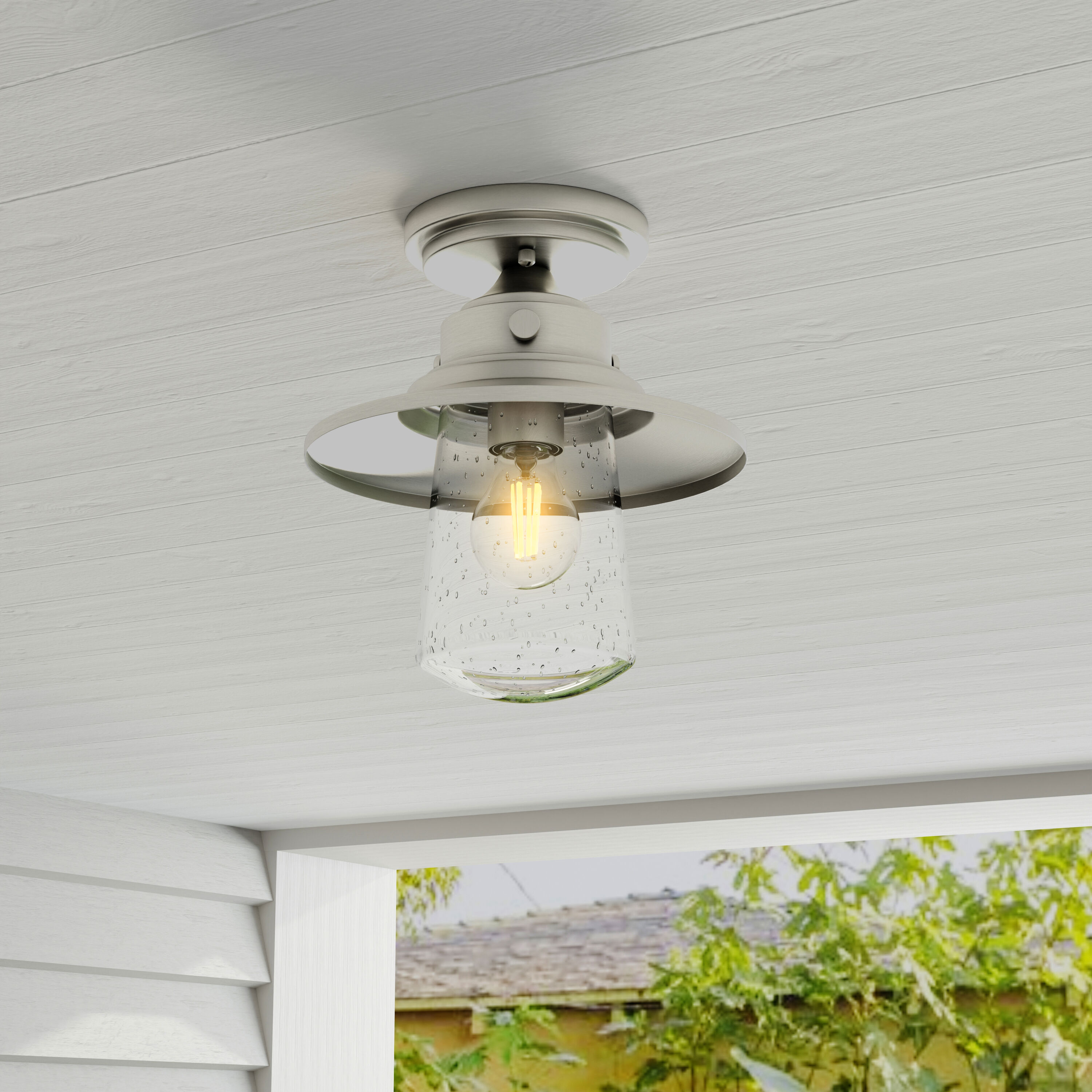 Progress Lighting Tremont 1-Light Matte Black Clear Seeded Glass Outdoor Semi-Flush Mount, Stainless Steel