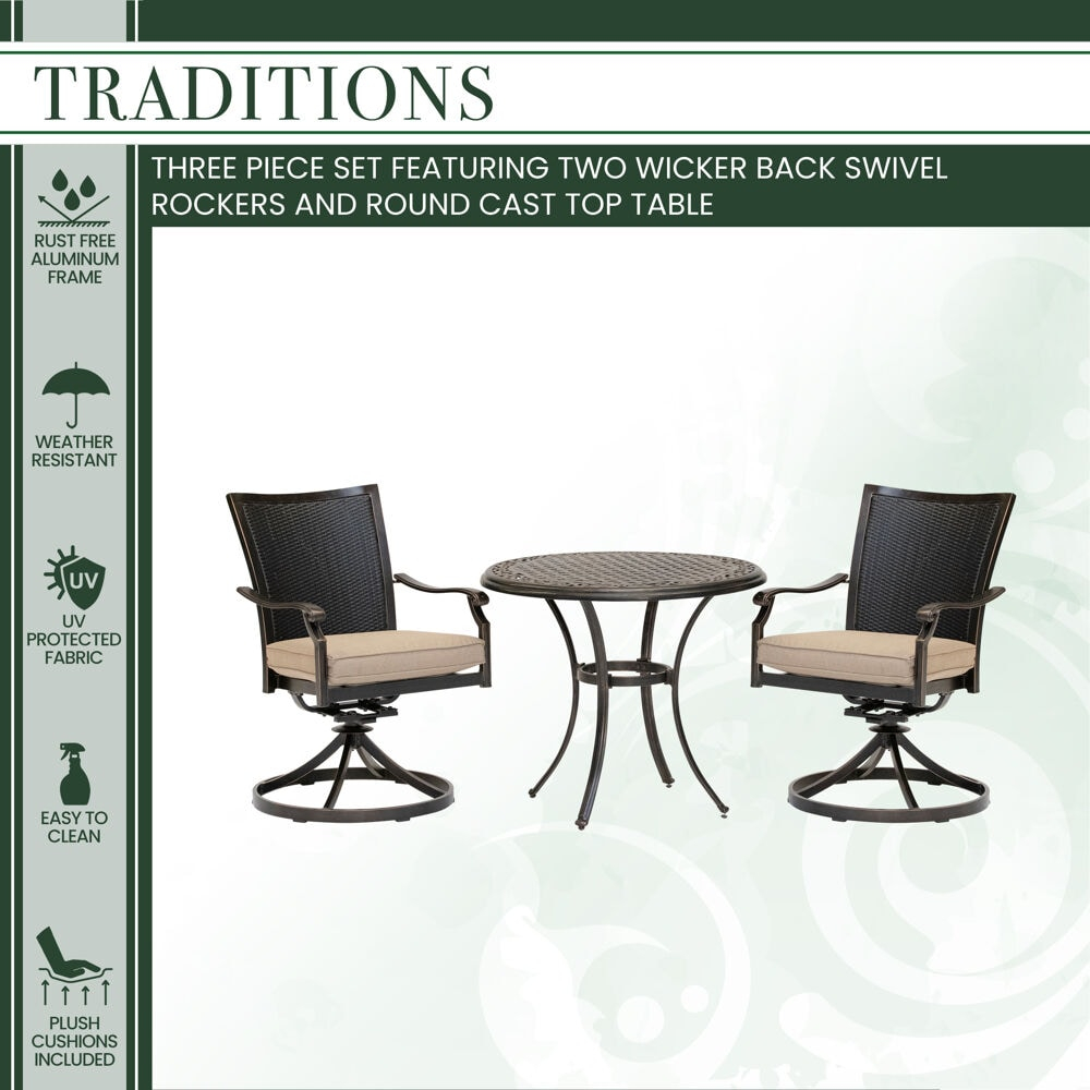 Hanover Traditions 3-Piece Outdoor Furniture Patio Bistro Set, 2 Cushioned Wicker Aluminum Swivel Rocker Chairs and 32" Round Cast Table, Natural Oat