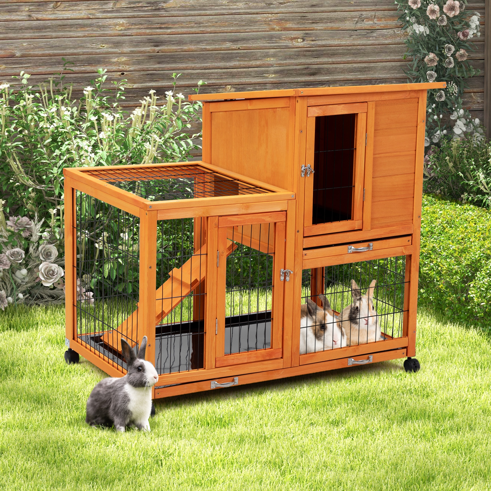 COZIWOW Wooden Rabbit Hutch Hamster Habitat Bunny House Outdoor w/ 4 Casters 2 Cleaning Trays