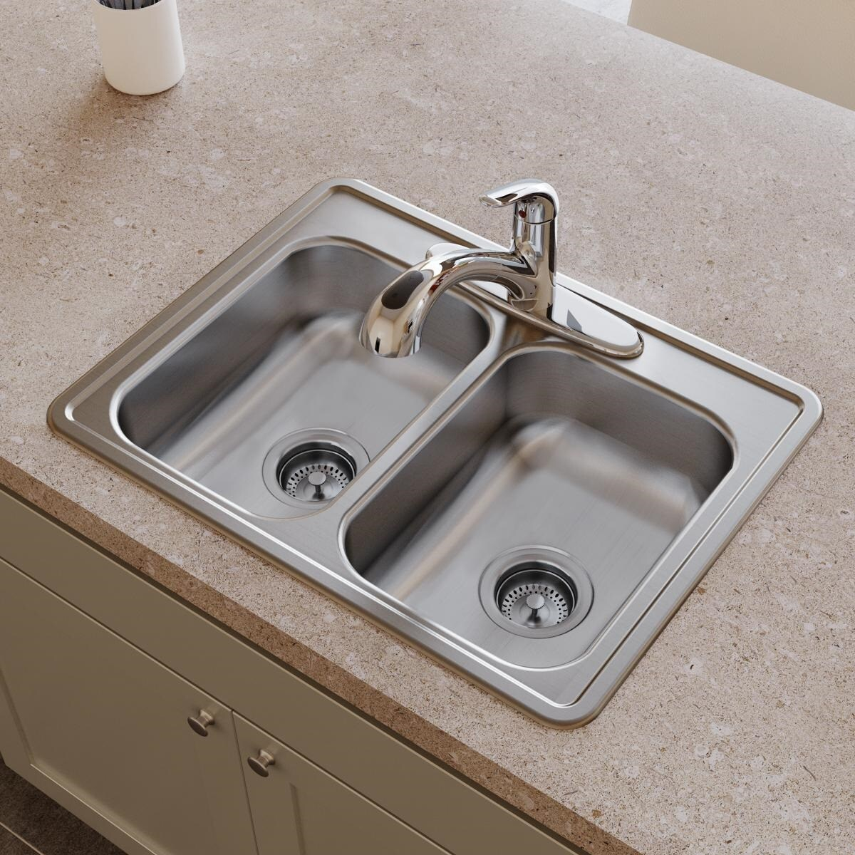 Dayton Stainless Steel D225191 25" x 19" x 6-5/16", Equal Double Bowl Top Mount Sink