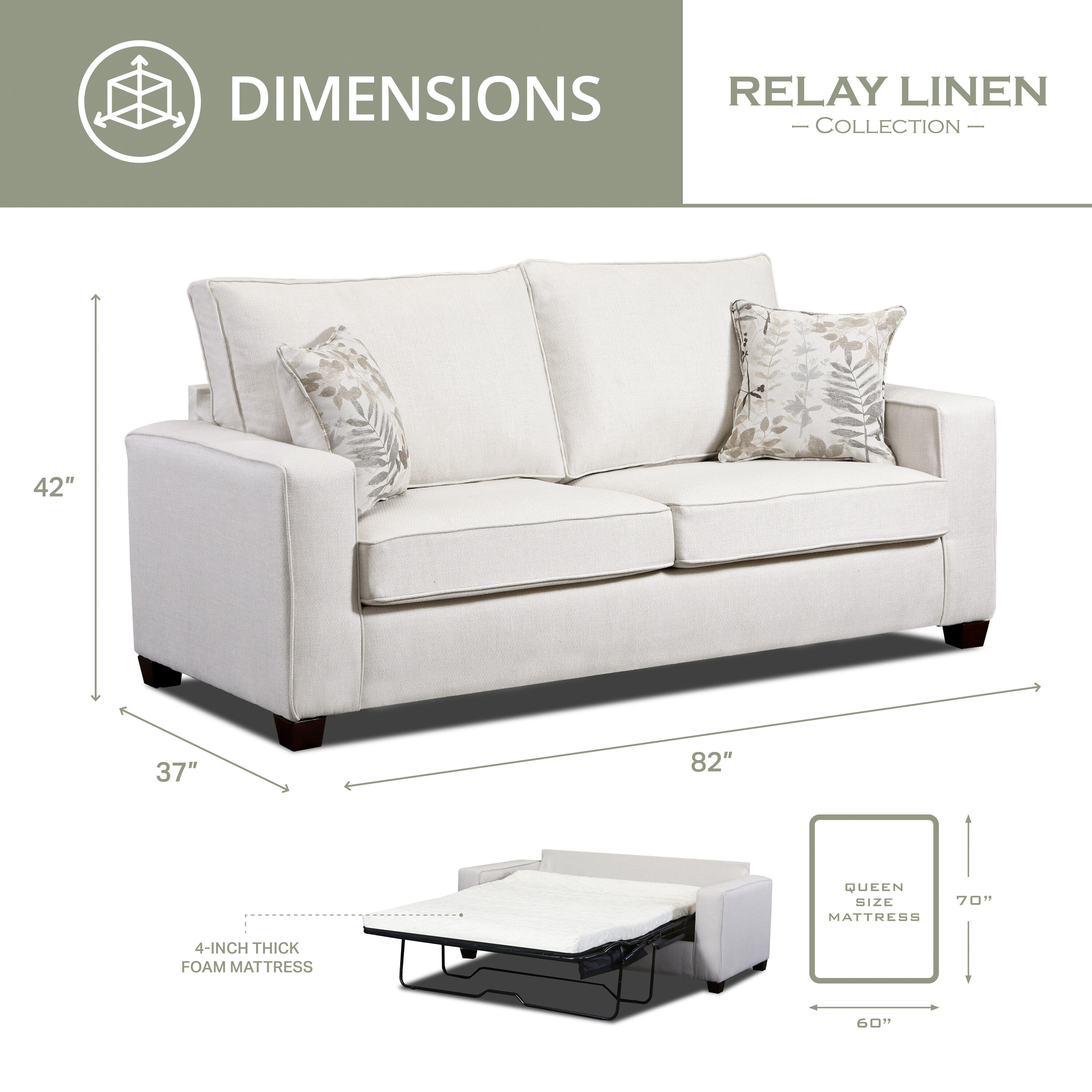 Furniture Classics Relay Linen Sofa Sleeper with Two Throw Pillows