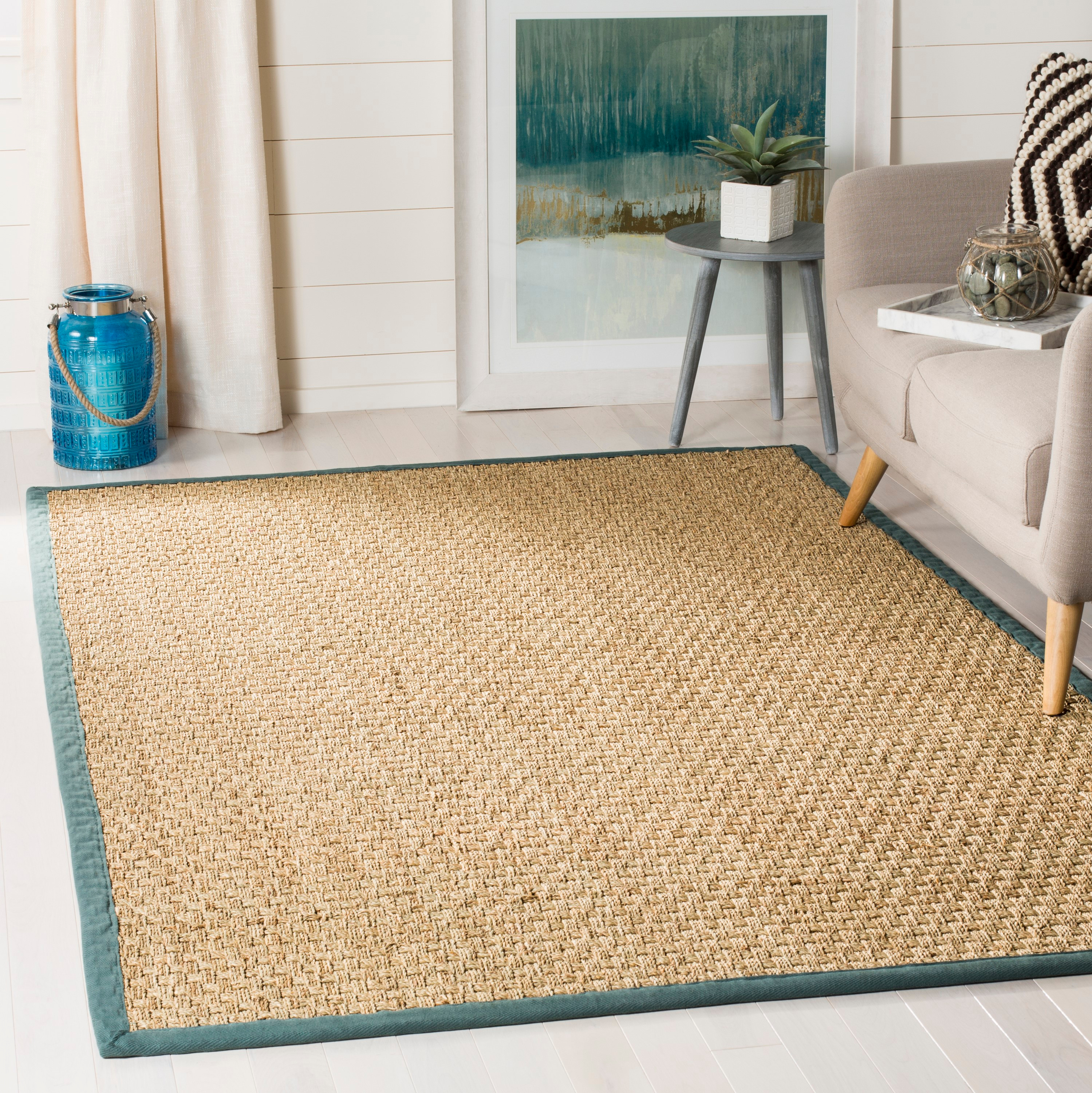 Safavieh Natural Fiber Hampton 9 x 12 (ft) Loomed Seagrass Natural/Light Blue Rectangular Indoor Solid Coastal Area rug