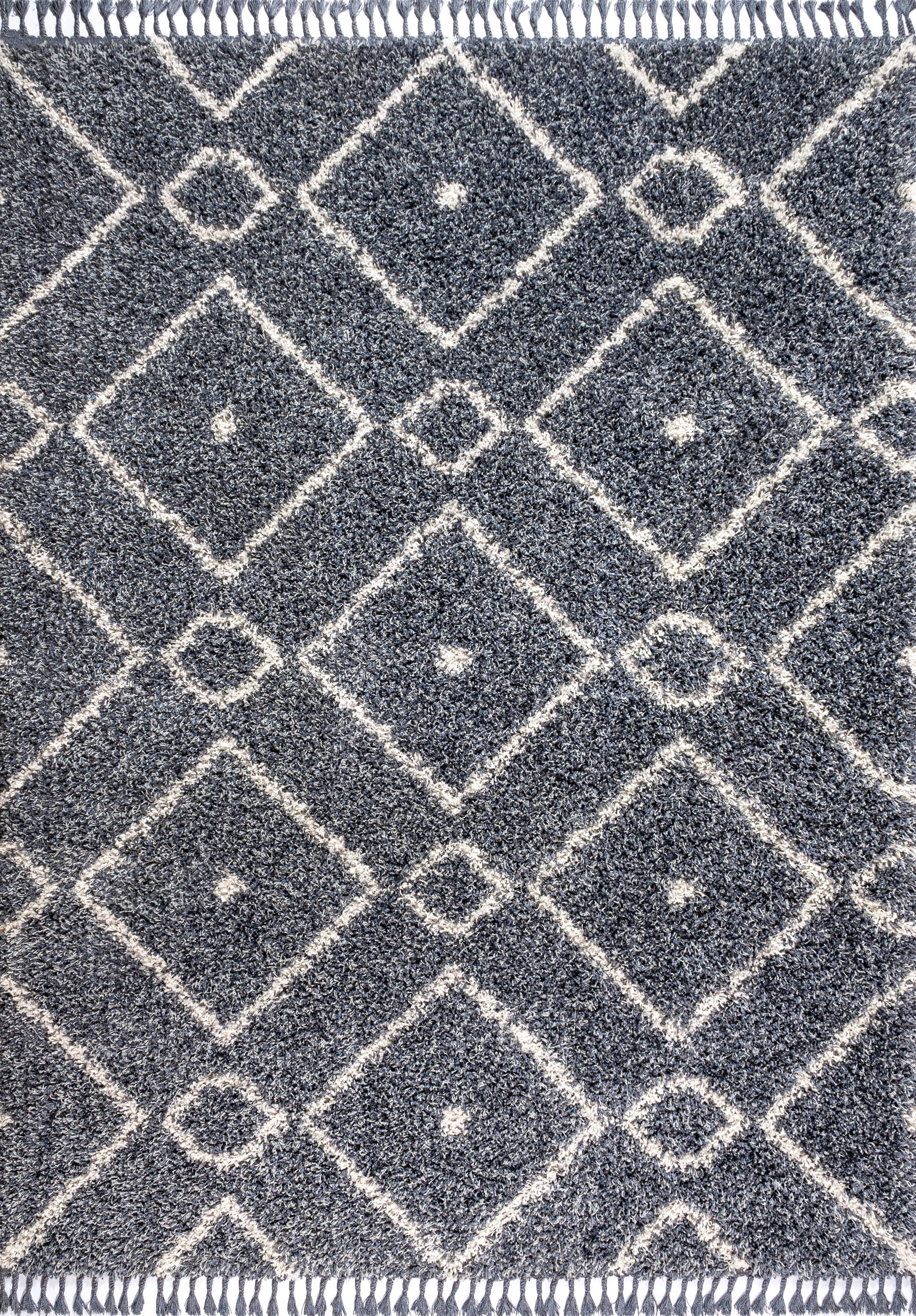 JONATHAN Y MCR105A-5 Mercer Shag Plush Tassel Moroccan Diamond Denim Blue/Cream 5 ft. x 8 ft. Area Rug, Shags Bohemian, Pet Friendly, Stain Resistant, Easy to Clean, for Living Room; Kitchen, Bedroom