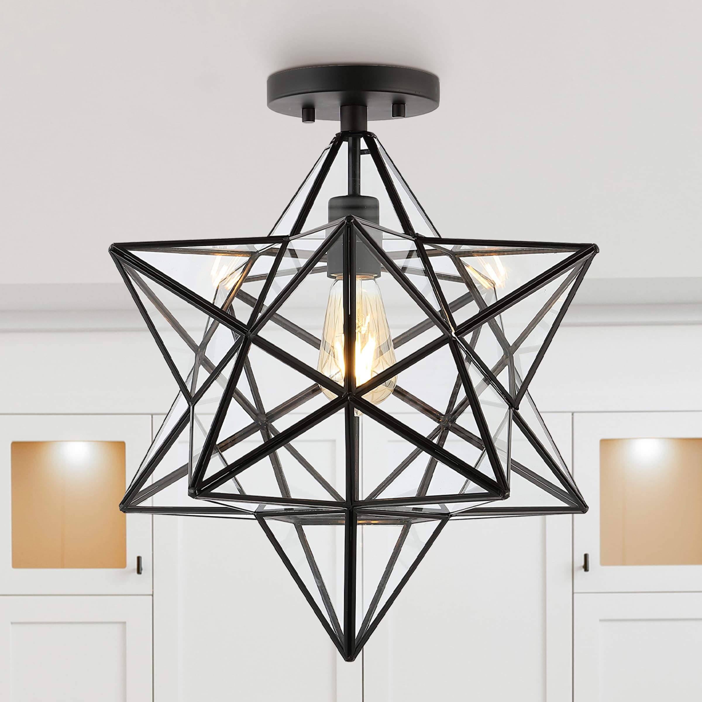 Ava 14.5" 1-Light Farmhouse Bohemian Iron/Glass LED Semi Flush Mount, Black/Clear