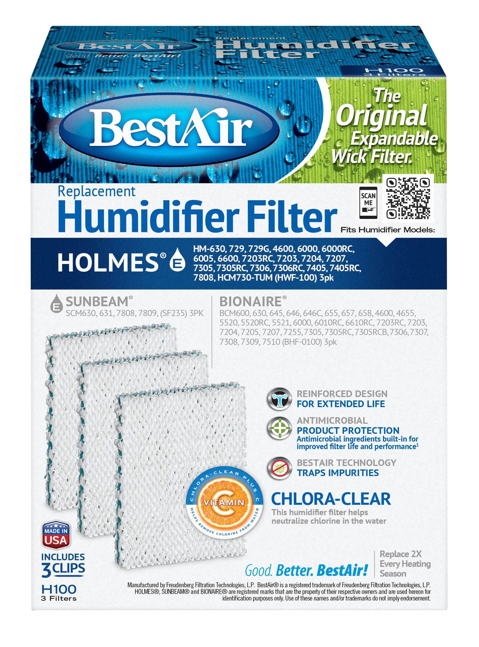 BestAir H100 Humidifier Replacement Wick Filter for Holmes models 5.8" x 7.8" x 3.4" (3 Filters)