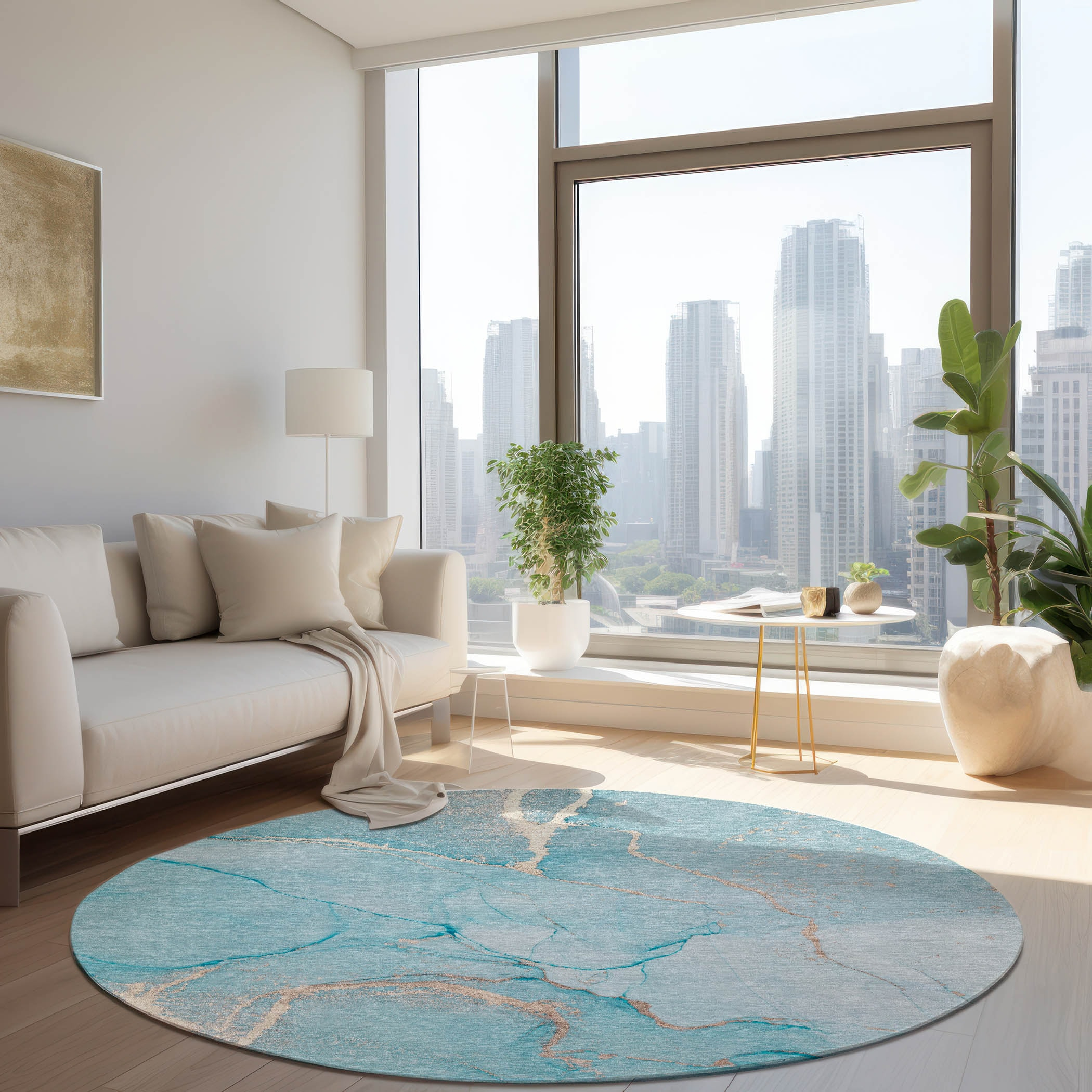 Teal Synthetic Round Machine-Washable Area Rug with Non-Skid Backing