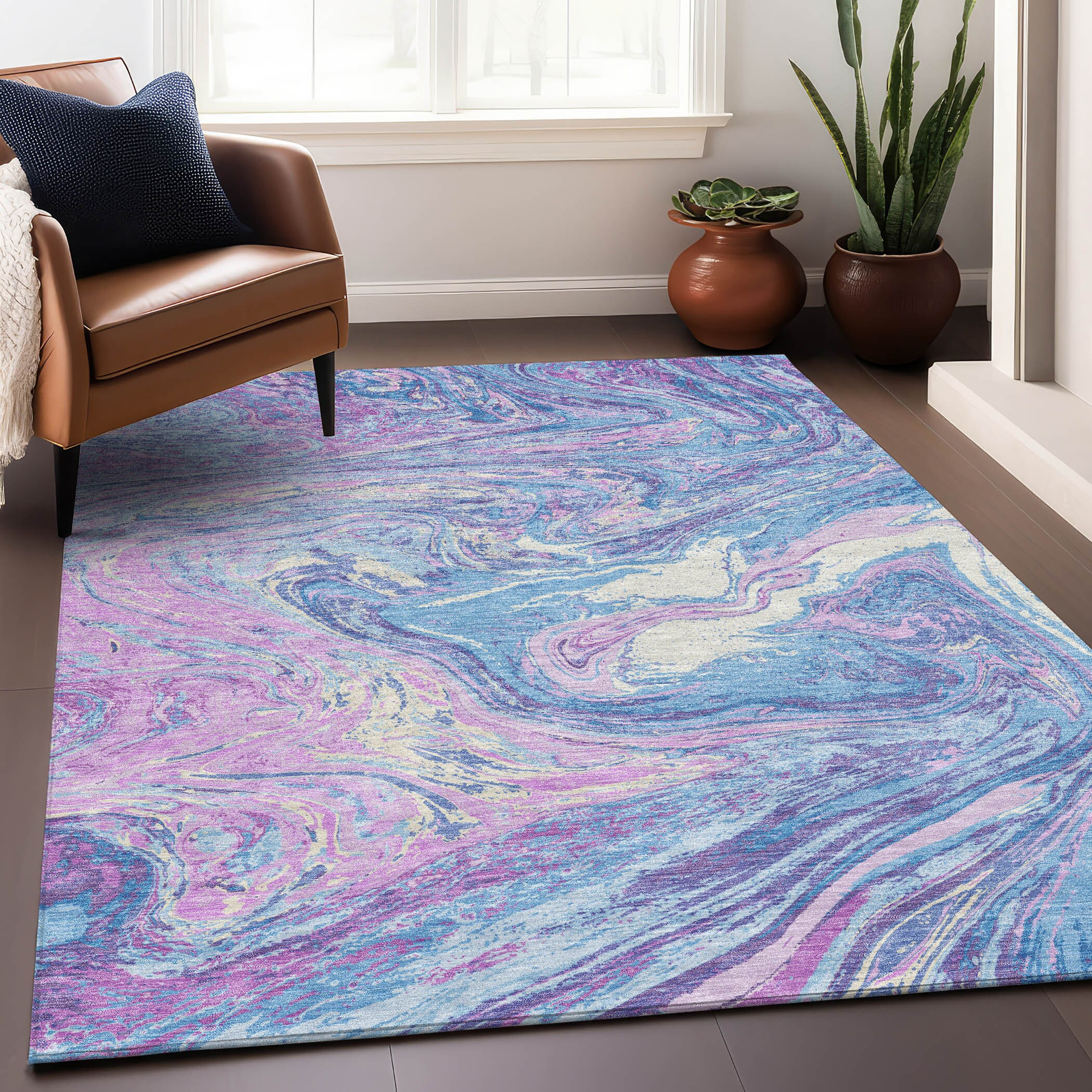Sky Blue and Pink Abstract Synthetic 5' x 7' Washable Area Rug