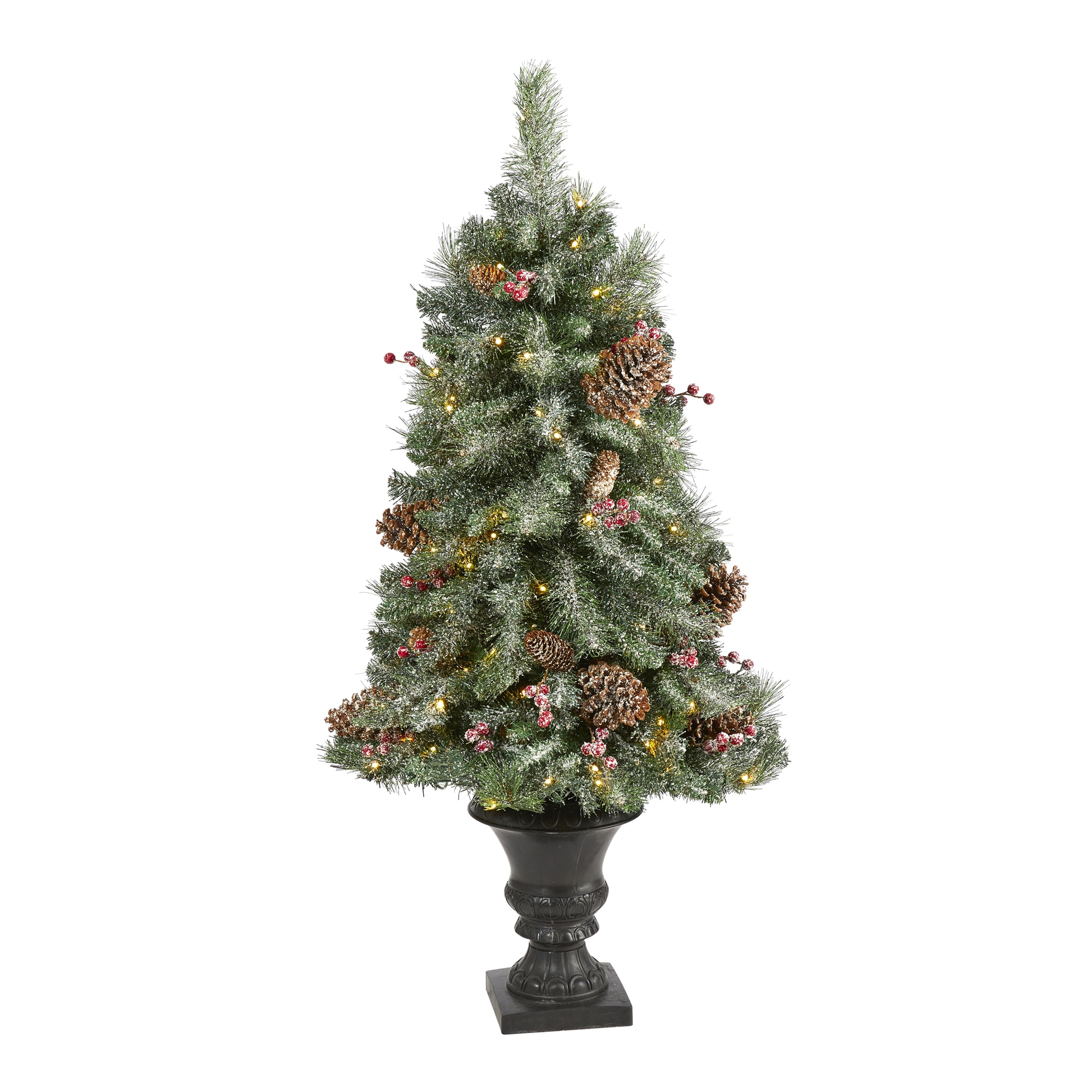 Nearly Natural 4’ Frosted Pine, Pinecone and Berries Prelit LED Artificial Christmas Tree in Decorative Urn