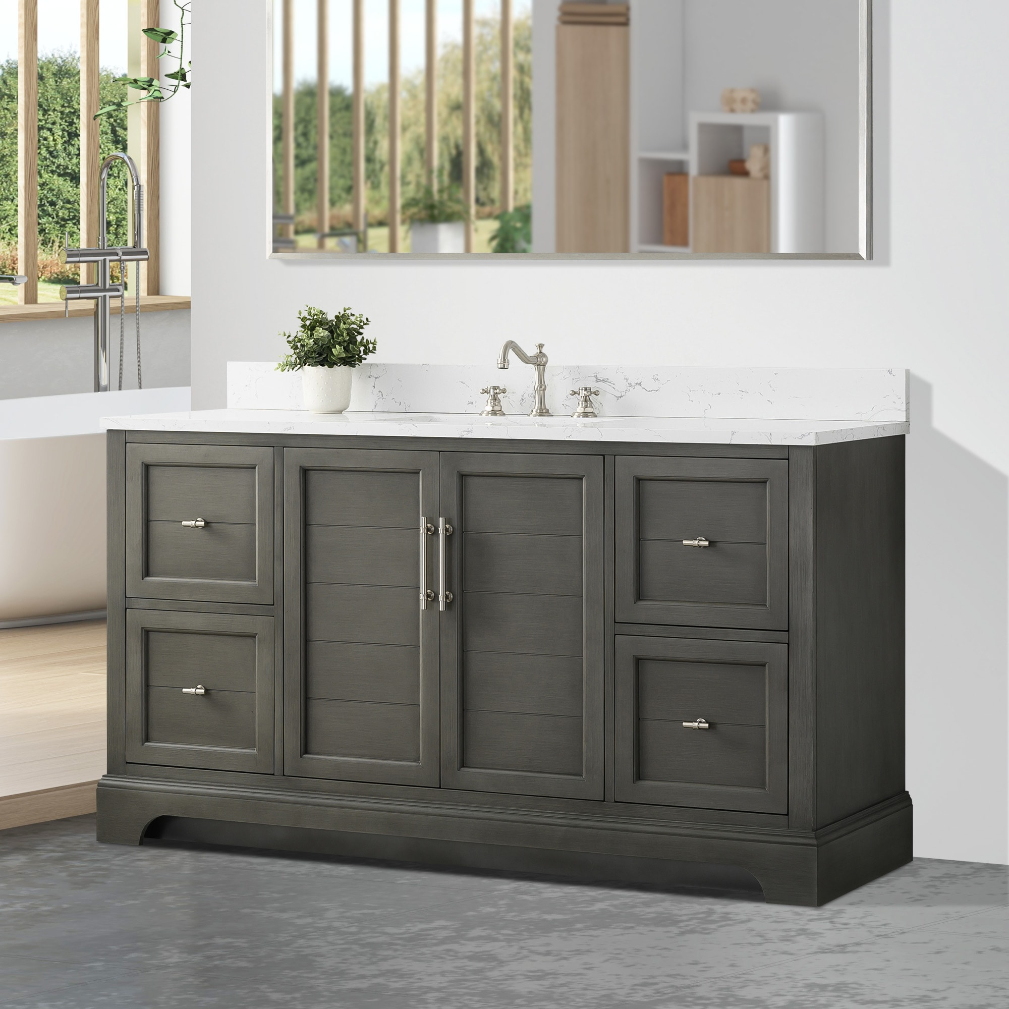 Vanity Art 60 x 22 x 34 in. Double Sink Bathroom Vanity with Quartz Top & Backsplash, Silver Grey
