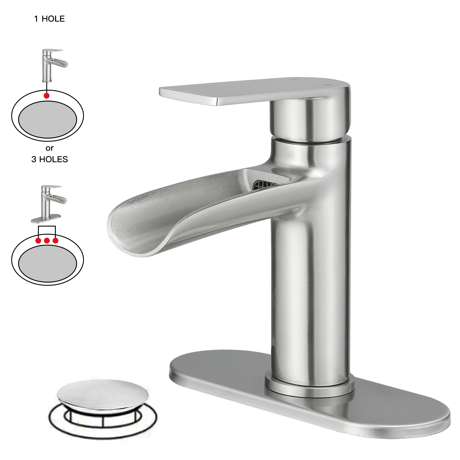 BWE Bathroom Faucets Waterfall Bathroom Faucet with Pop Up Drain for Bathroom Sink Single Hole Farmhouse RV Bathroom Basin Faucet Brushed Nickel