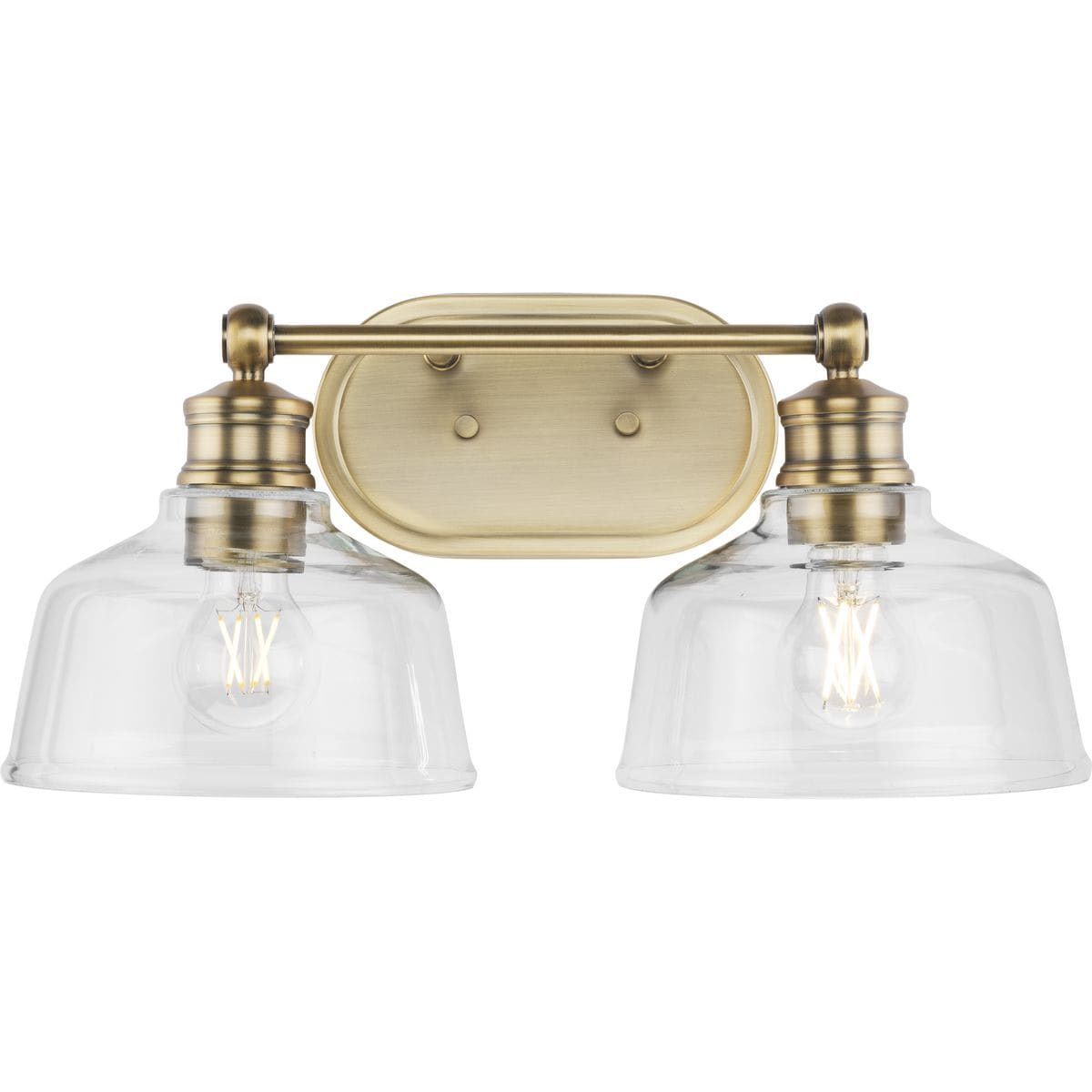 Progress Lighting Singleton 2-Light Vanity Fixture, Vintage Brass, Clear Glass Shades