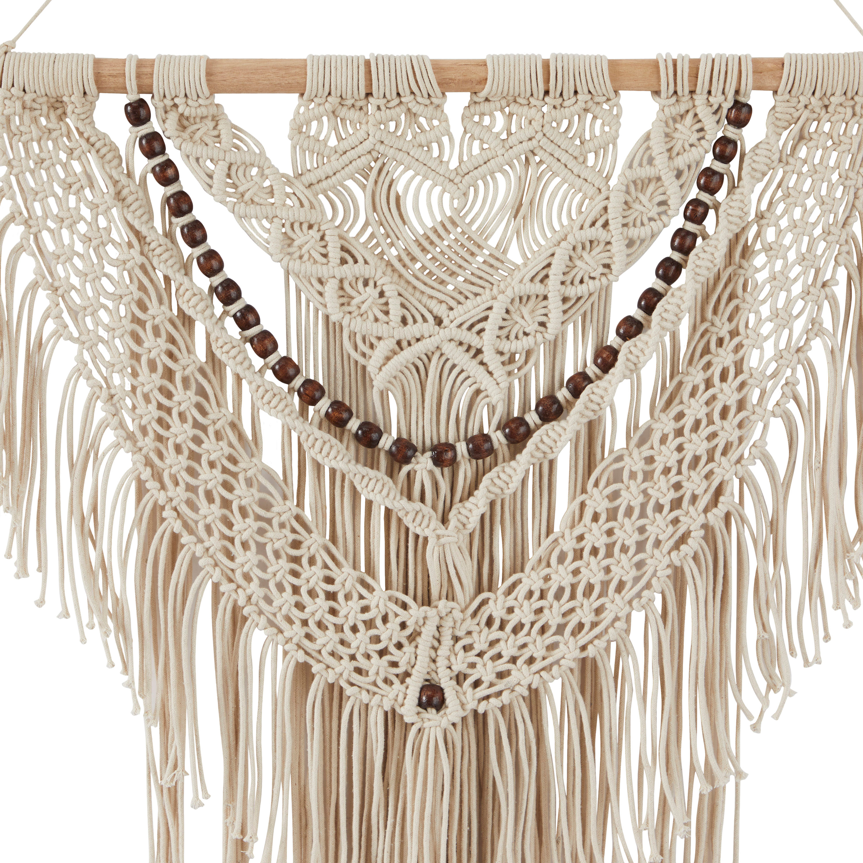 DecMode Cream Cotton Intricately Weaved Macrame Wall Decor with Beaded Fringe Tassels