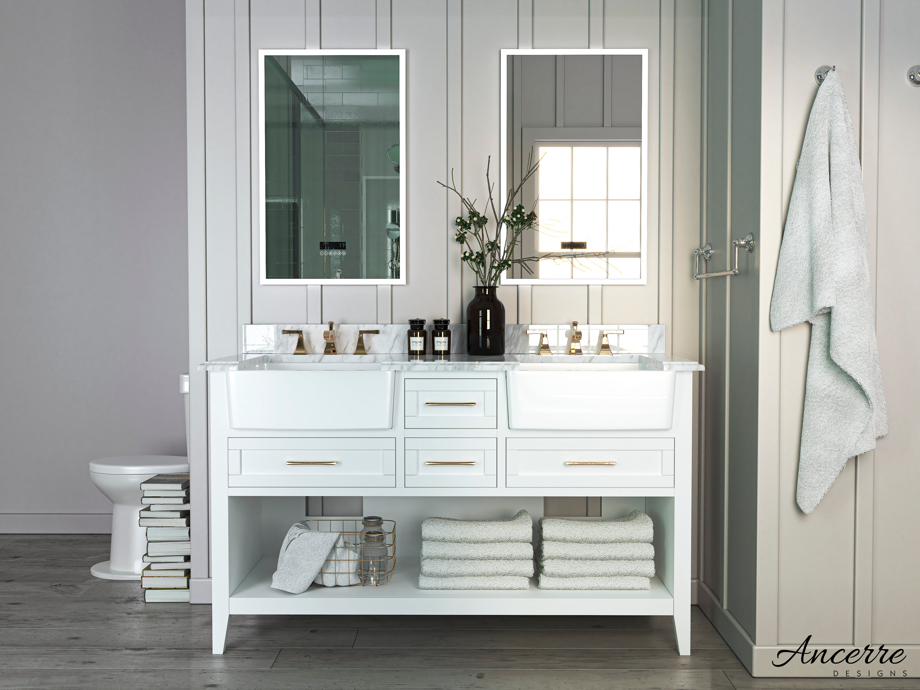 Ancerre Designs Hayley 60" Farmhouse Wood Bathroom Vanity Set in White