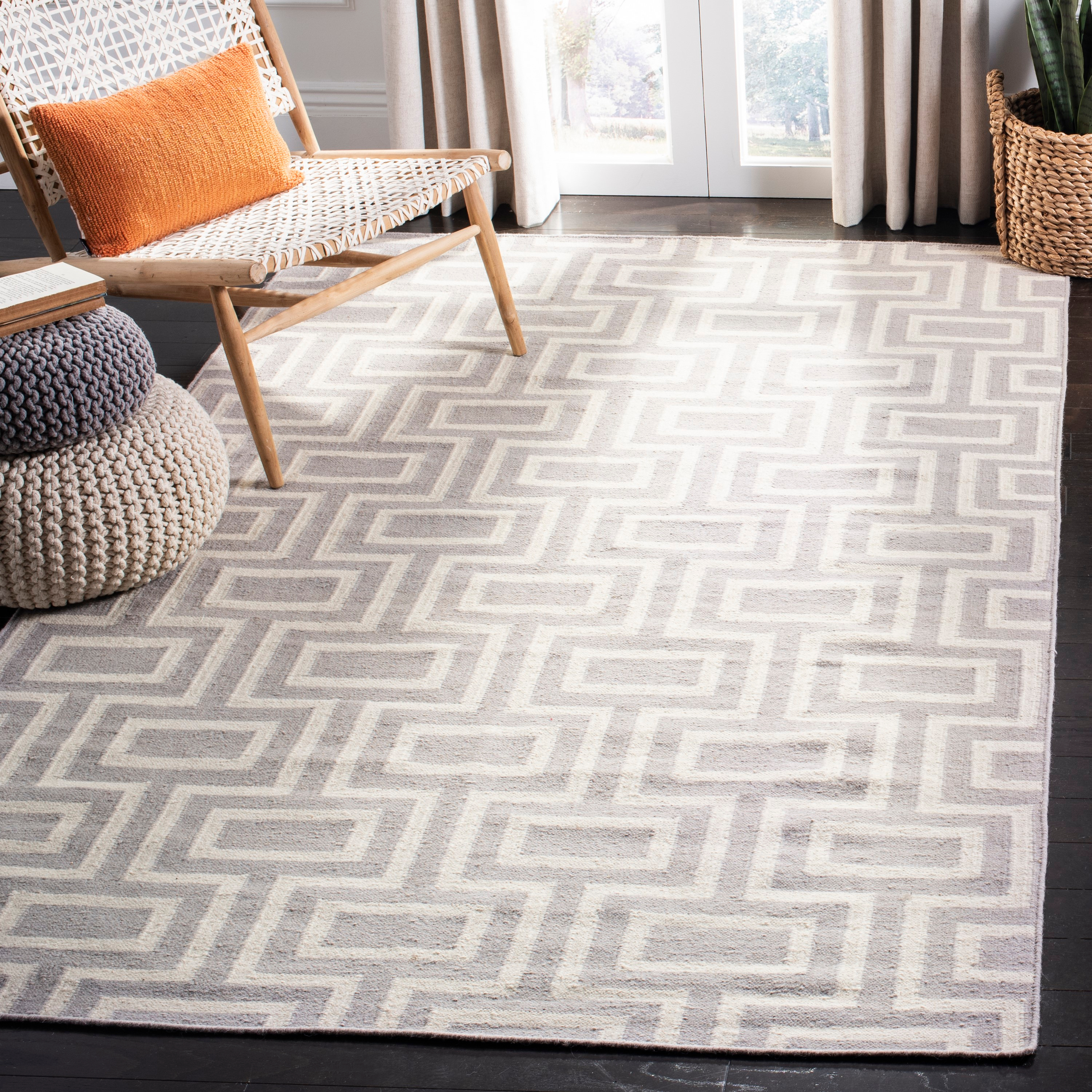SAFAVIEH Dhurrie Abigail Geometric Moroccan Wool Area Rug, Grey/Ivory, 3' x 5'