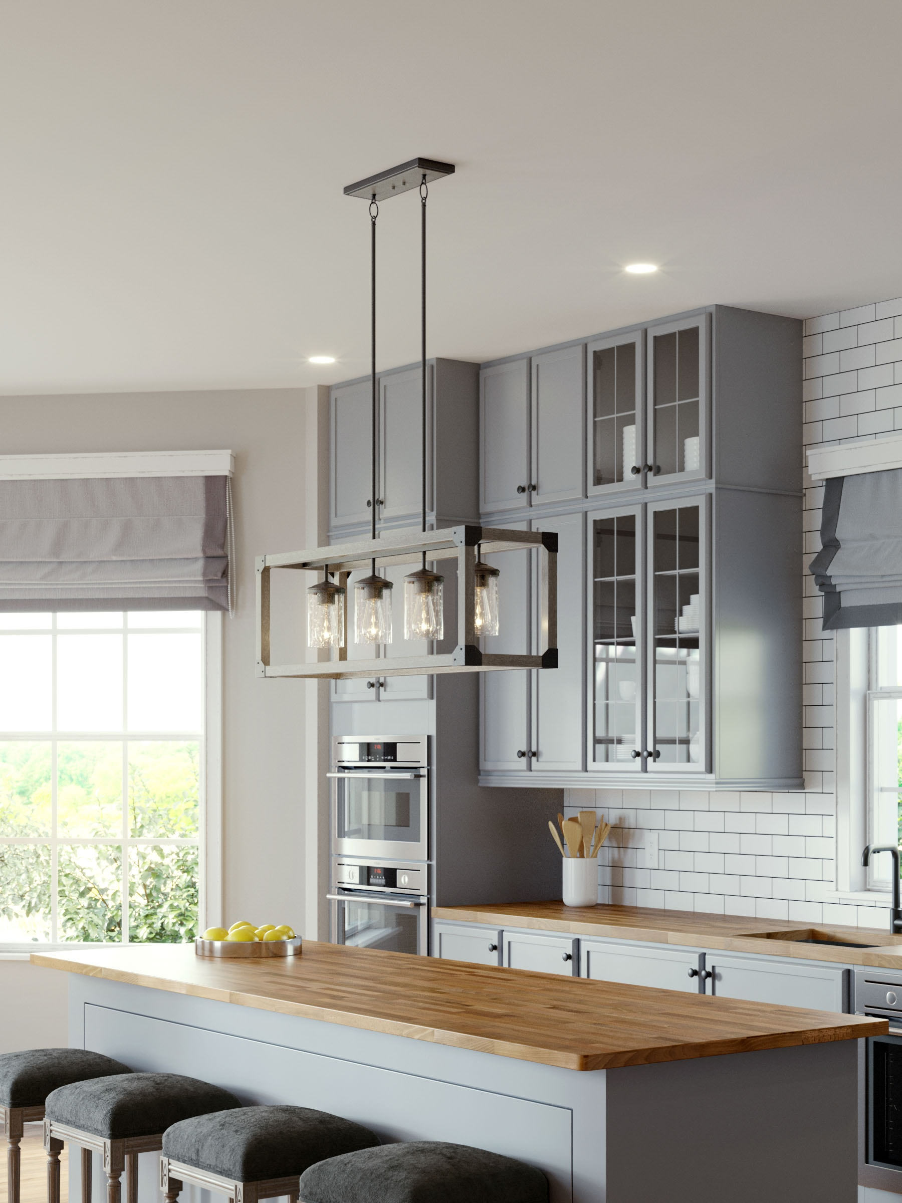 Stardust Finish Four-Light Island Pendant with Creme Parchment Glass