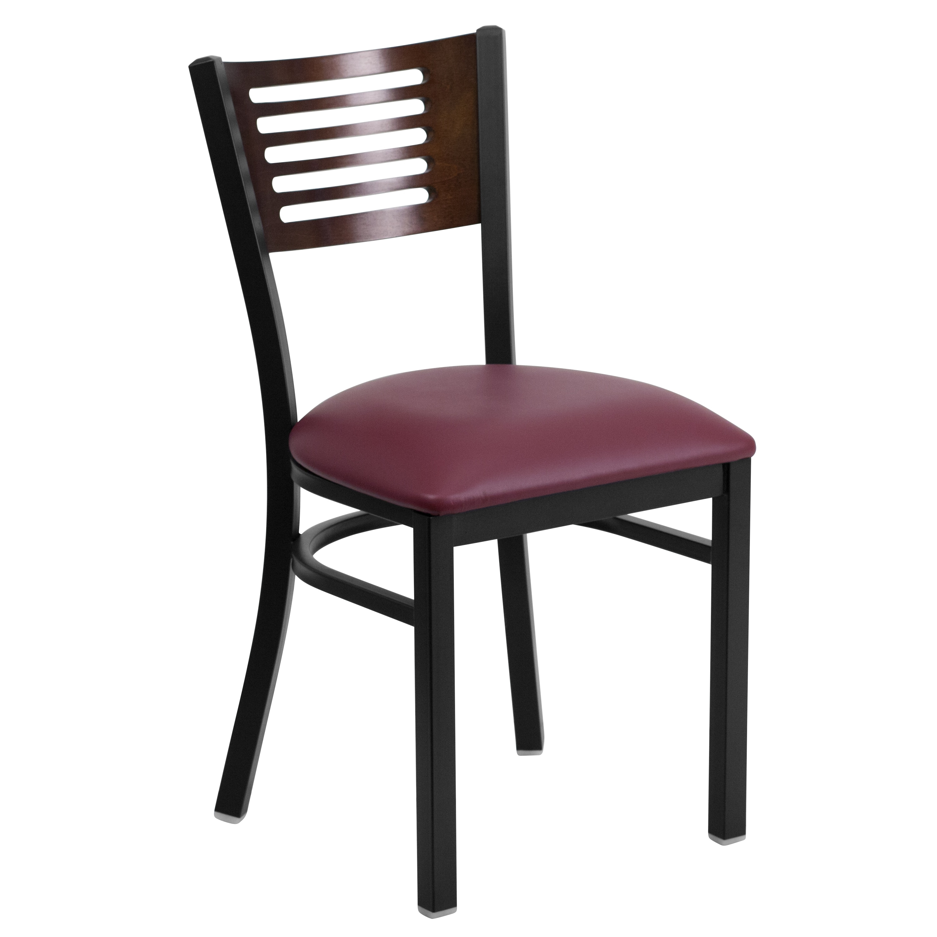 Walnut Wood Back Burgundy Vinyl Seat Black Metal Frame Side Chair