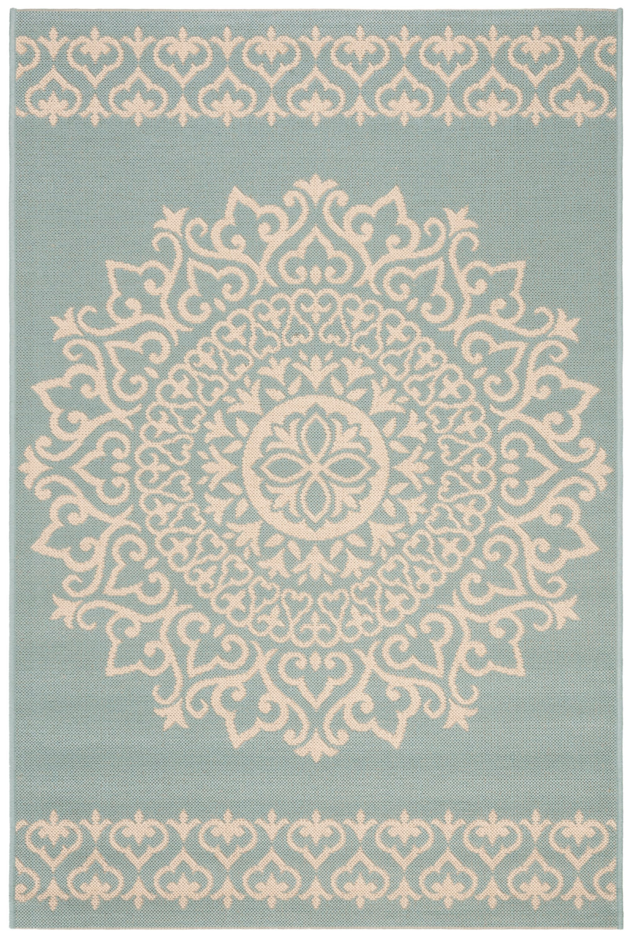 SAFAVIEH Beach House Braiden Medallion Indoor/Outdoor Area Rug Cream/Aqua, 4' x 6'
