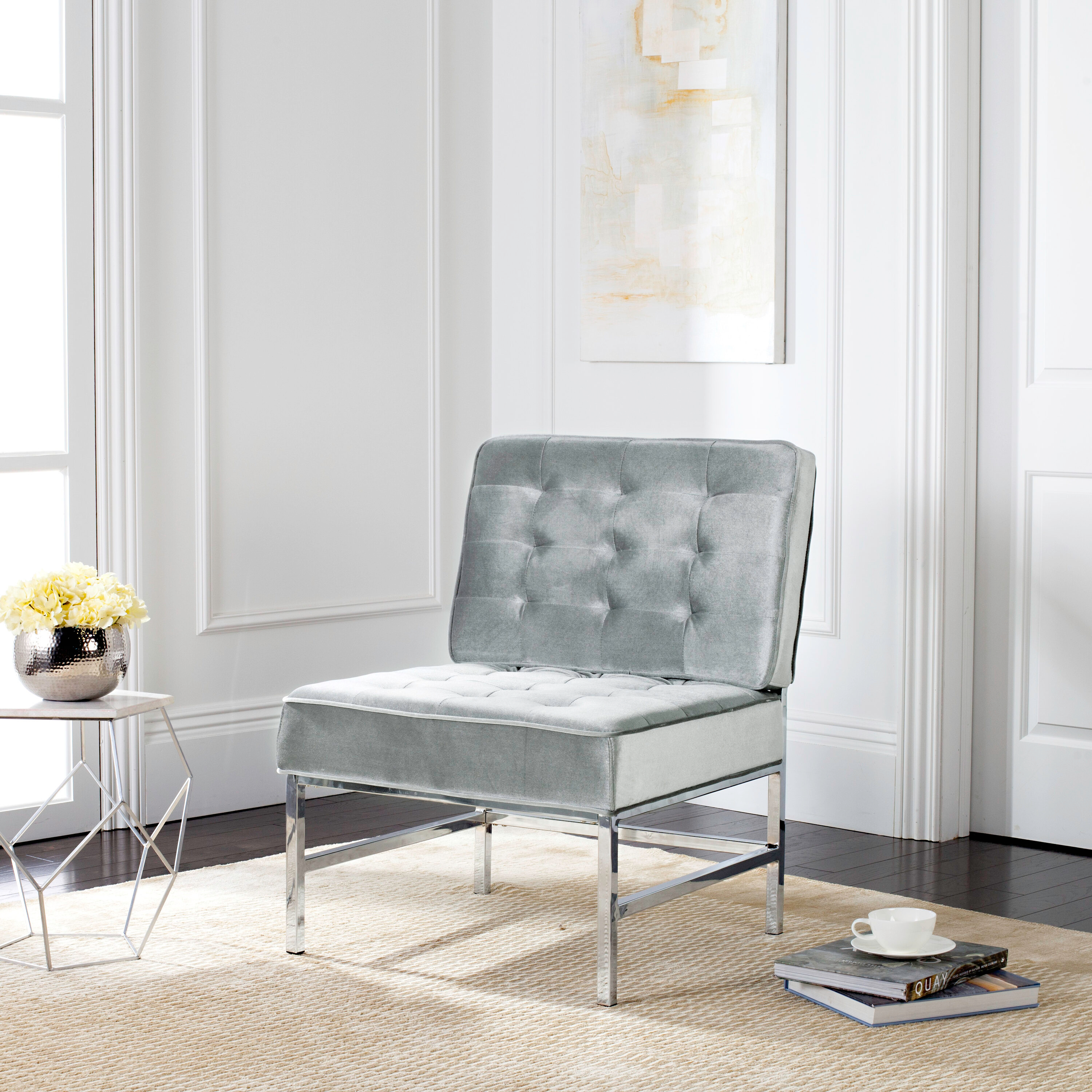 SAFAVIEH Ansel Modern Tufted Linen Chrome Accent Chair, Light Grey