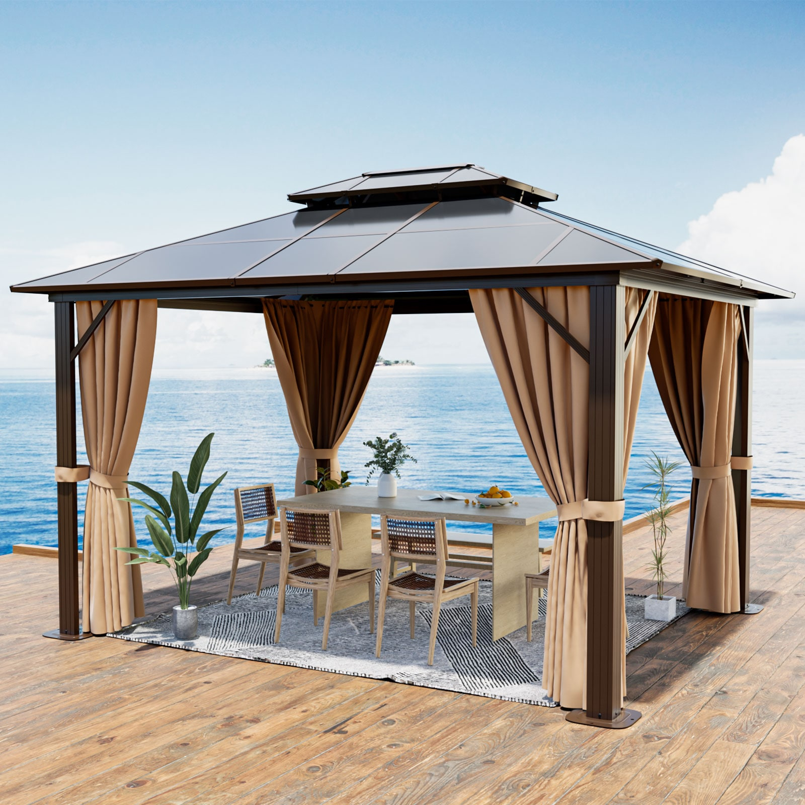 Aoxun 10'x12' Hardtop Gazebo, Aluminum Frame Permanent Pavilion with Curtains and Netting, Outdoor Polycarbonate Gazebo, Double Roof Canopy, for Gardens, Patios, Lawns