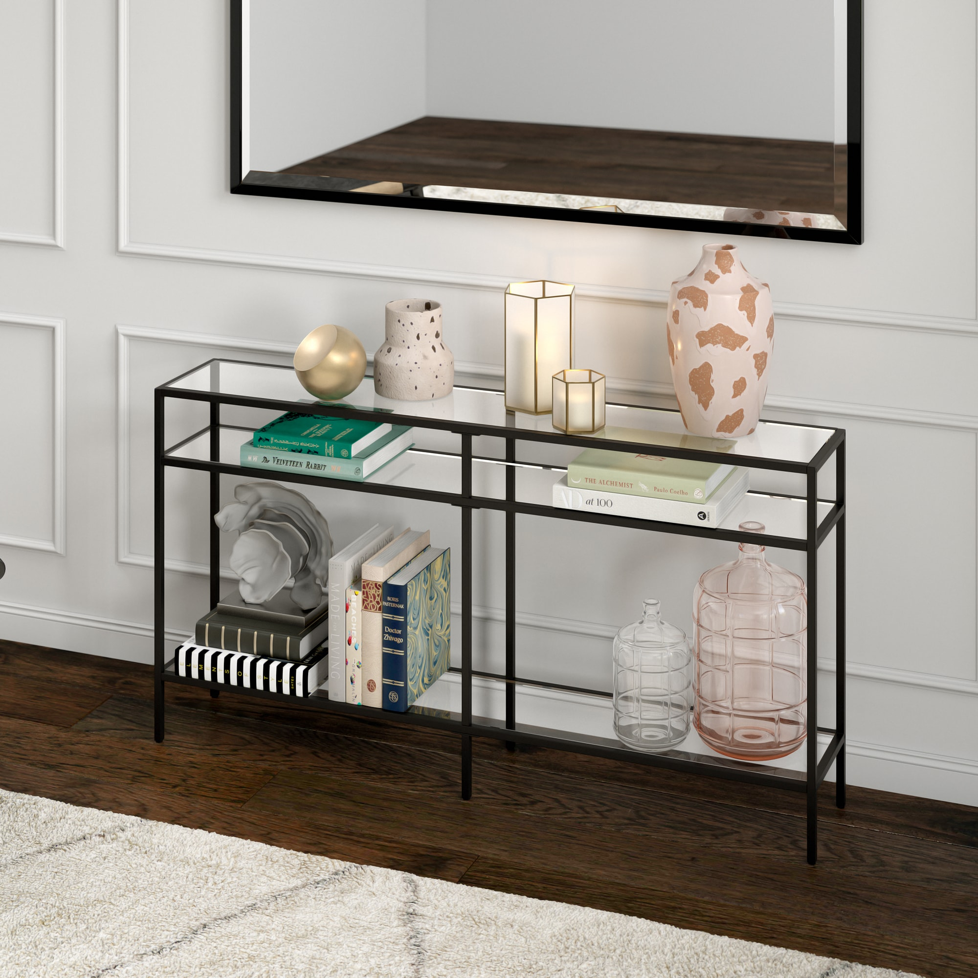 Sivil 55" Blackened Bronze and Black Metal Console Table with Glass Top