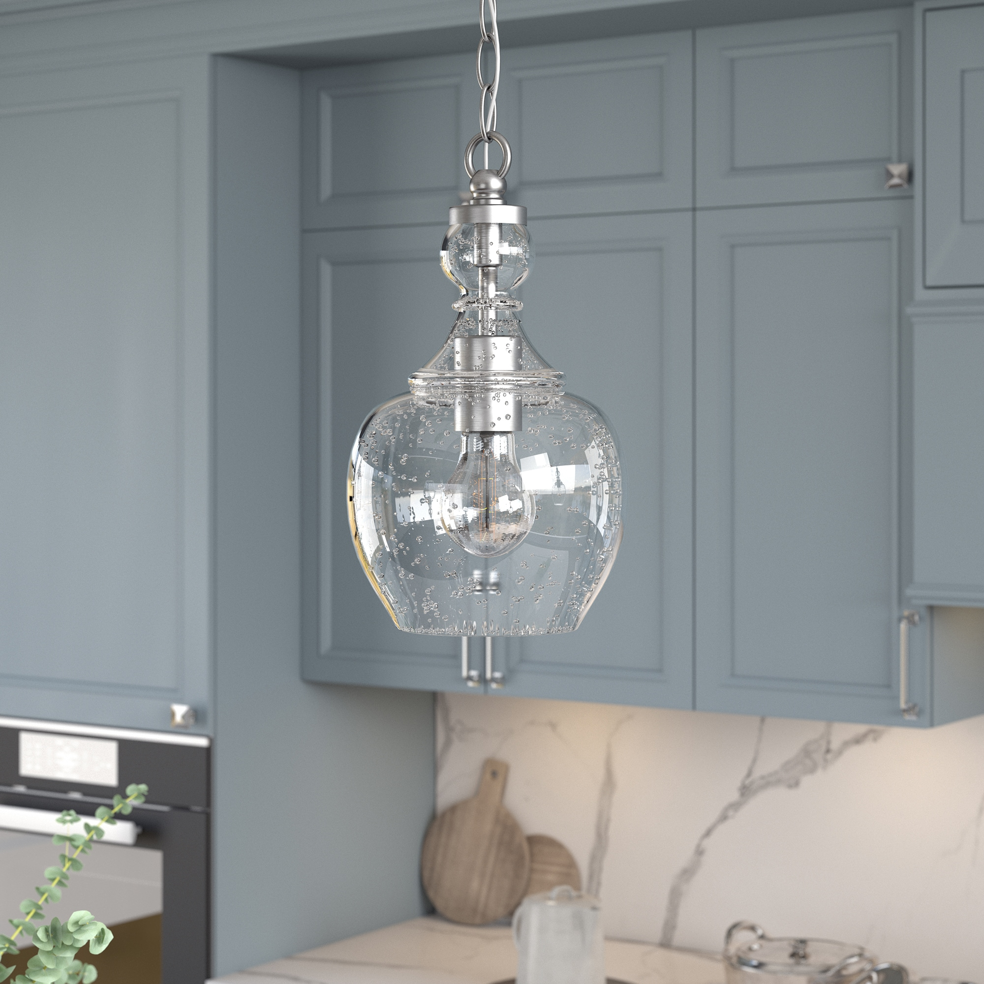 Verona 1-Light Brushed Nickel Pendant with Seeded Glass Shade