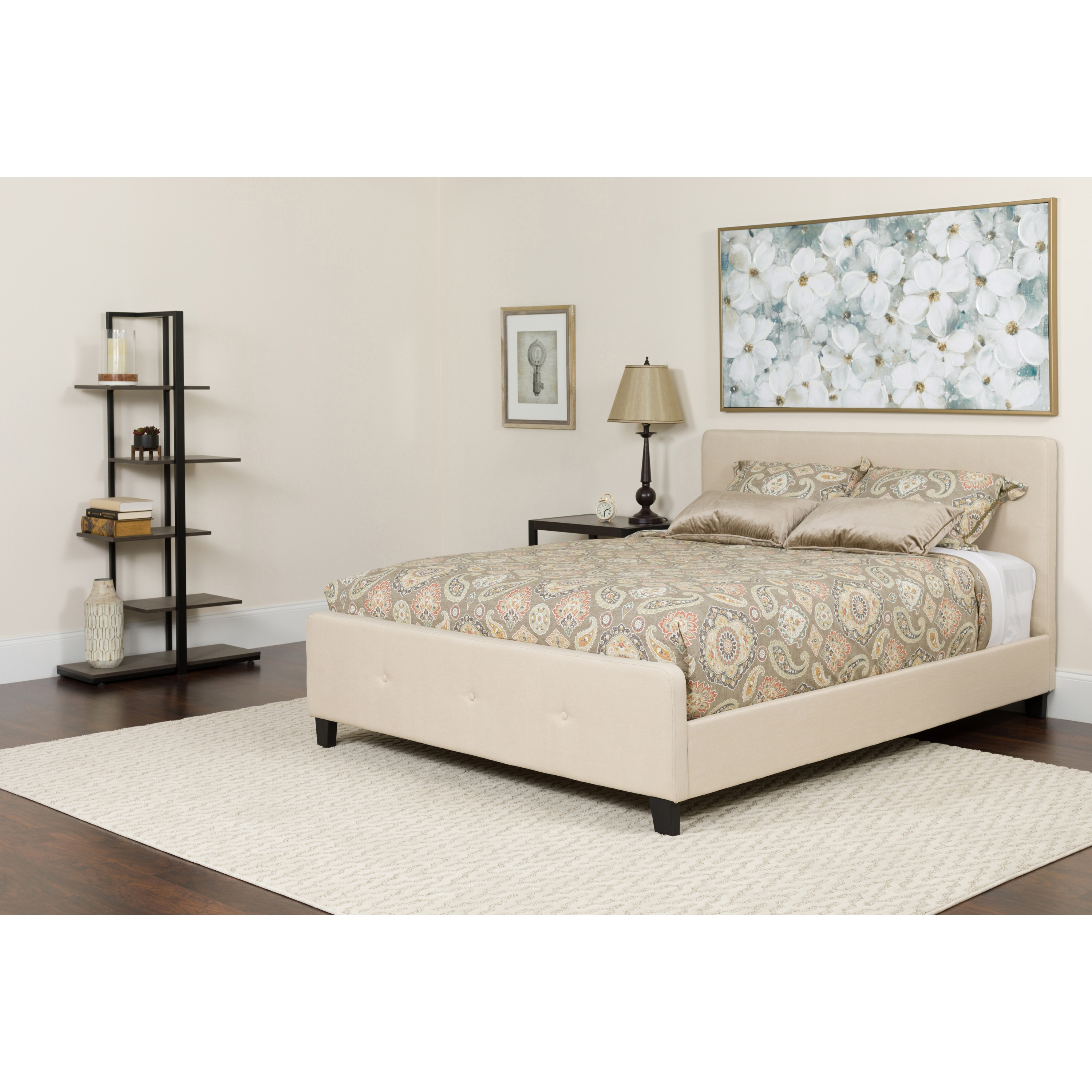 Flash Furniture Tribeca Queen Size Tufted Upholstered Platform Bed in Beige Fabric with Pocket Spring Mattress