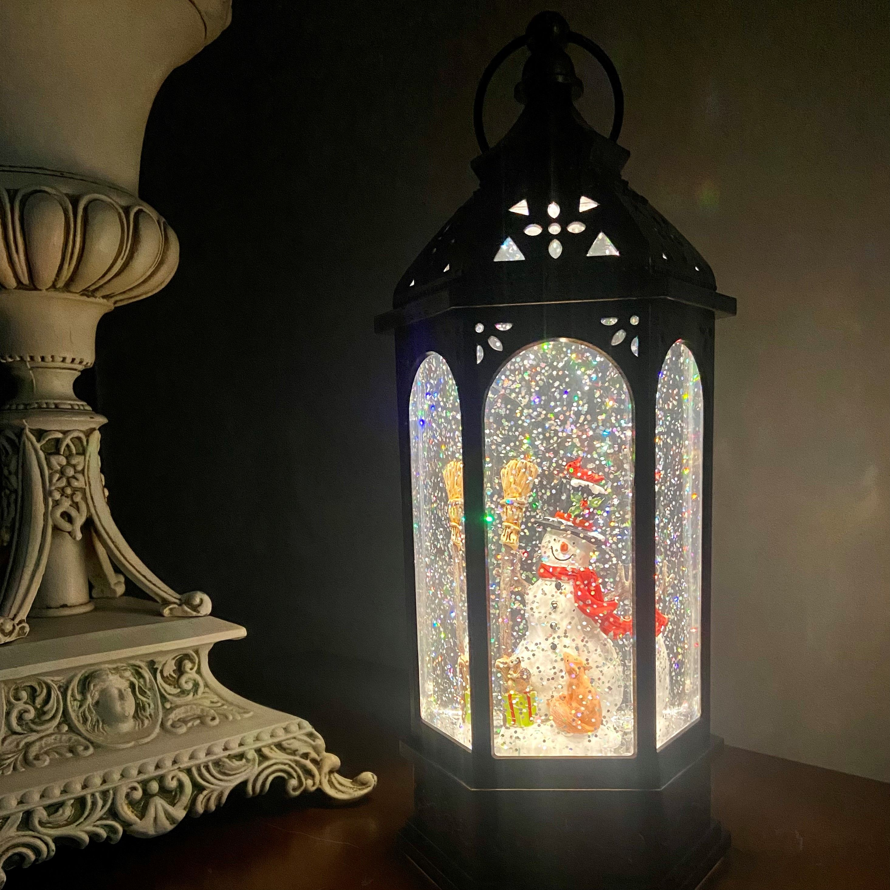 11" White LED Snowman Lantern Snow Globe