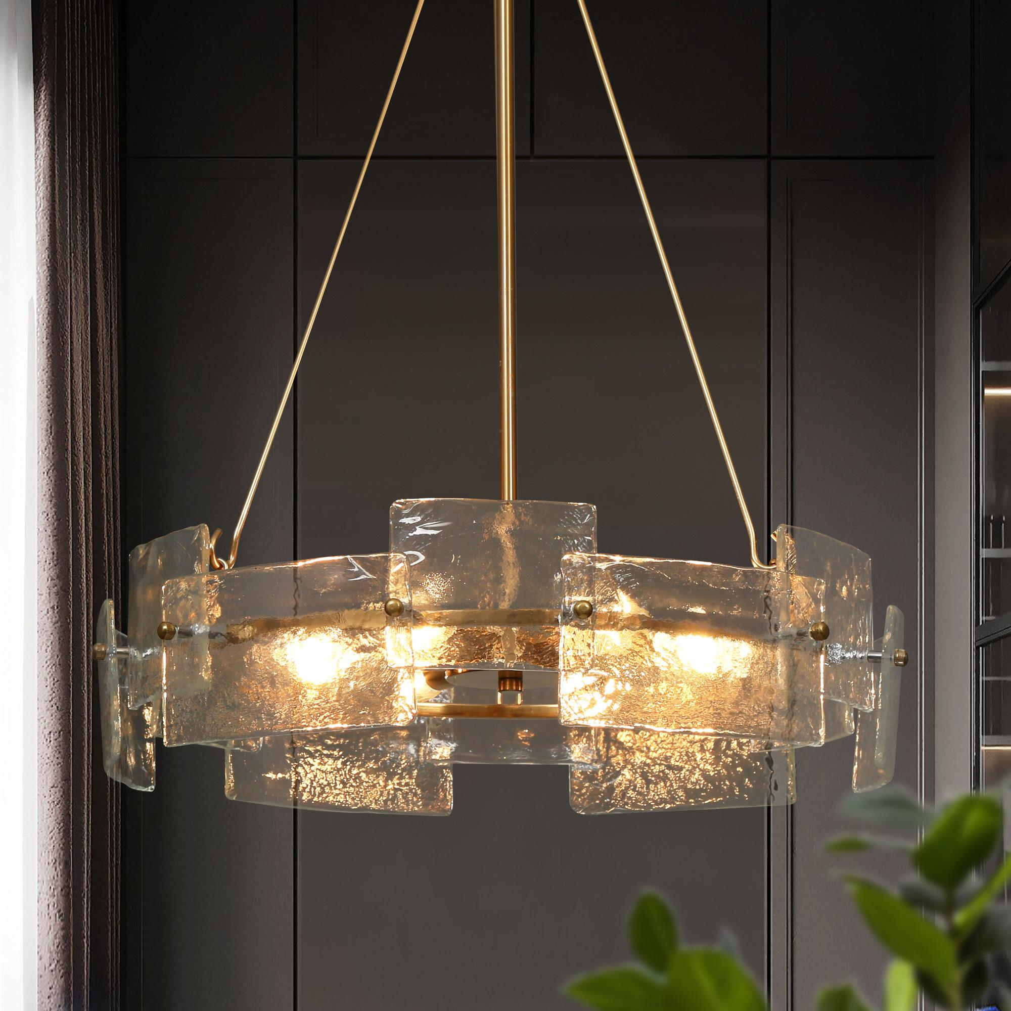 Modern Glam Gold 6-Light Drum Chandelier Textured Glass Pendant Light for Dining Room - D 20.5" x H 24"