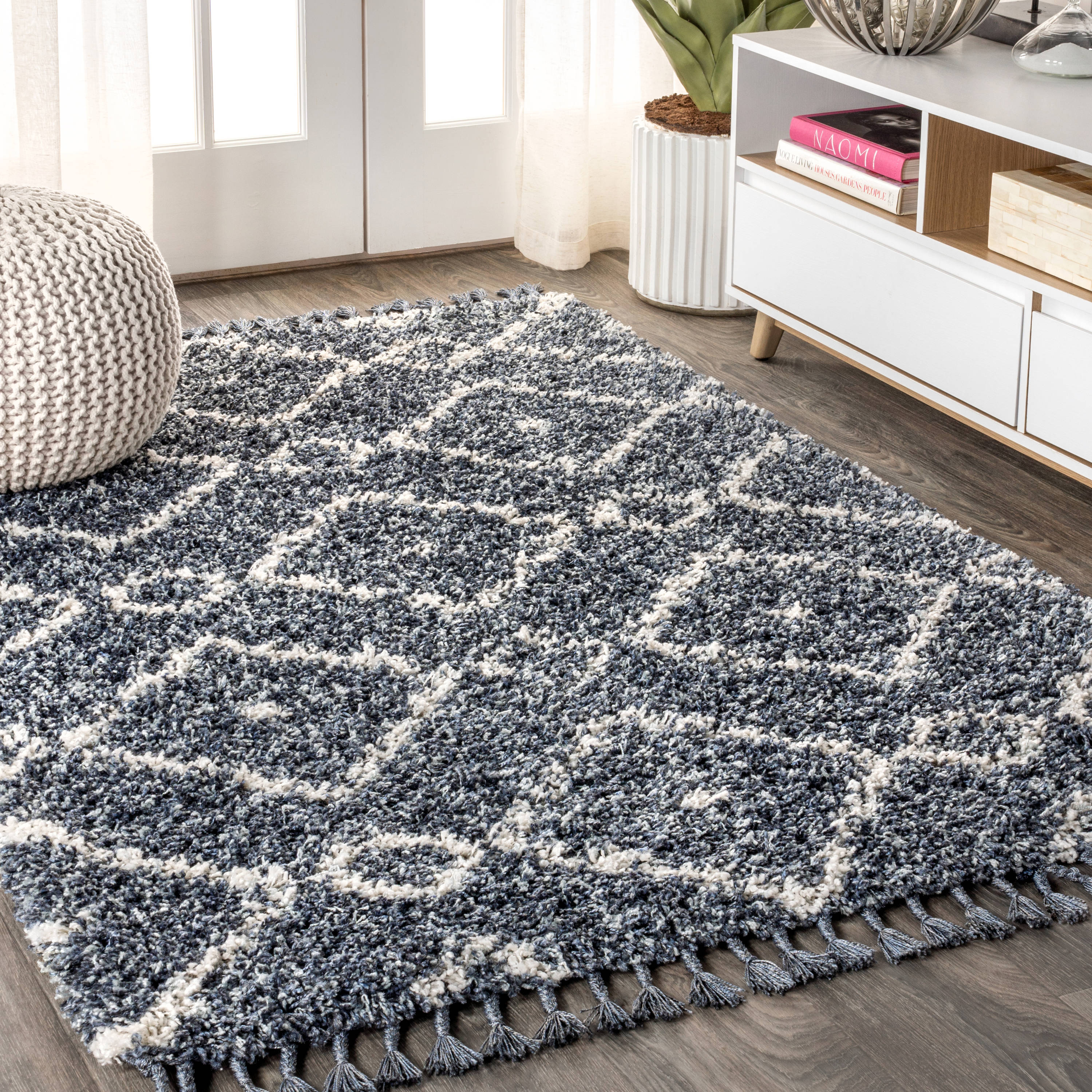 JONATHAN Y MCR105A-5 Mercer Shag Plush Tassel Moroccan Diamond Denim Blue/Cream 5 ft. x 8 ft. Area Rug, Shags Bohemian, Pet Friendly, Stain Resistant, Easy to Clean, for Living Room; Kitchen, Bedroom