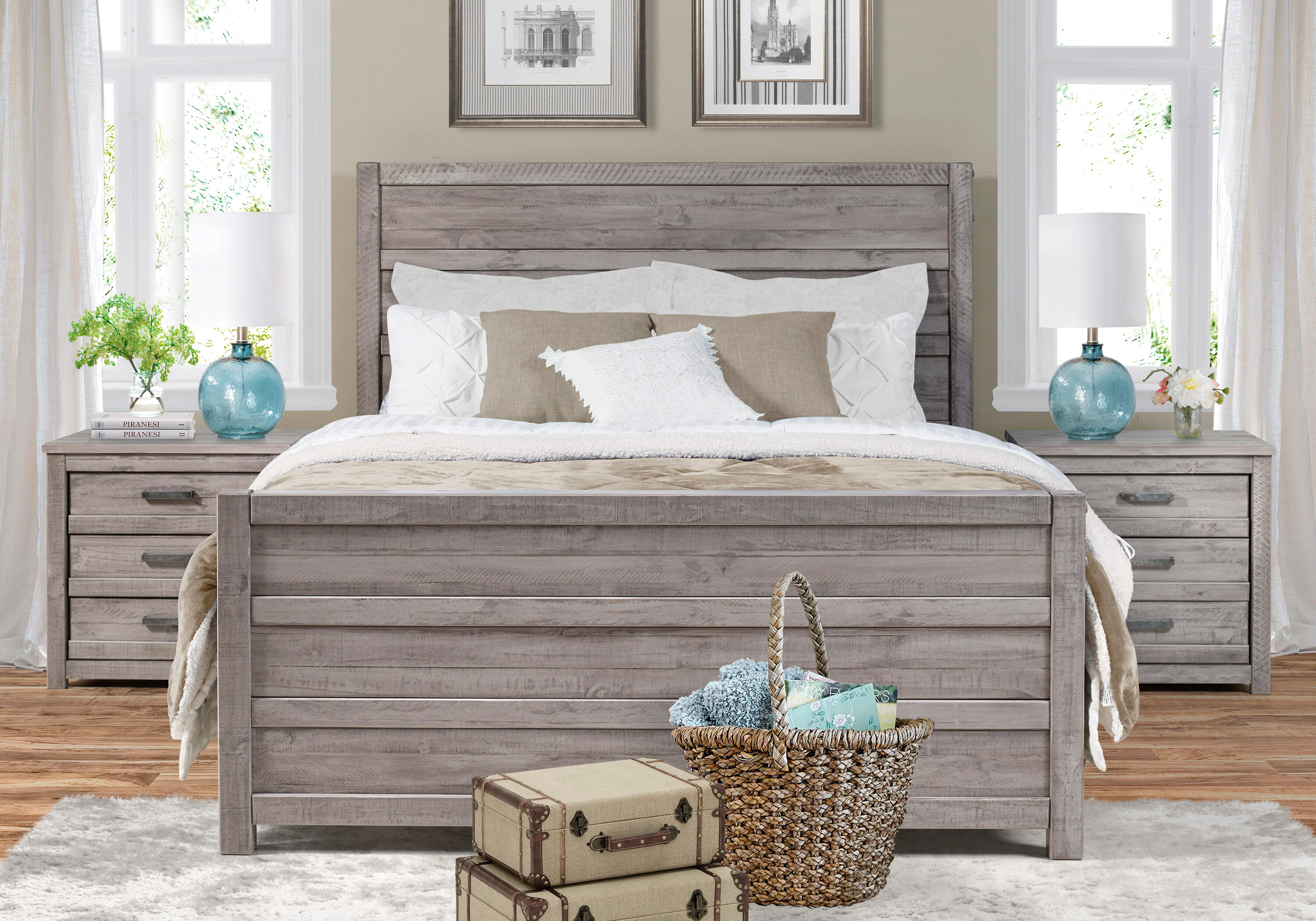 Camaflexi Carmel Solid Wood Platform Bed Frame with Headboard, King, Antique Grey