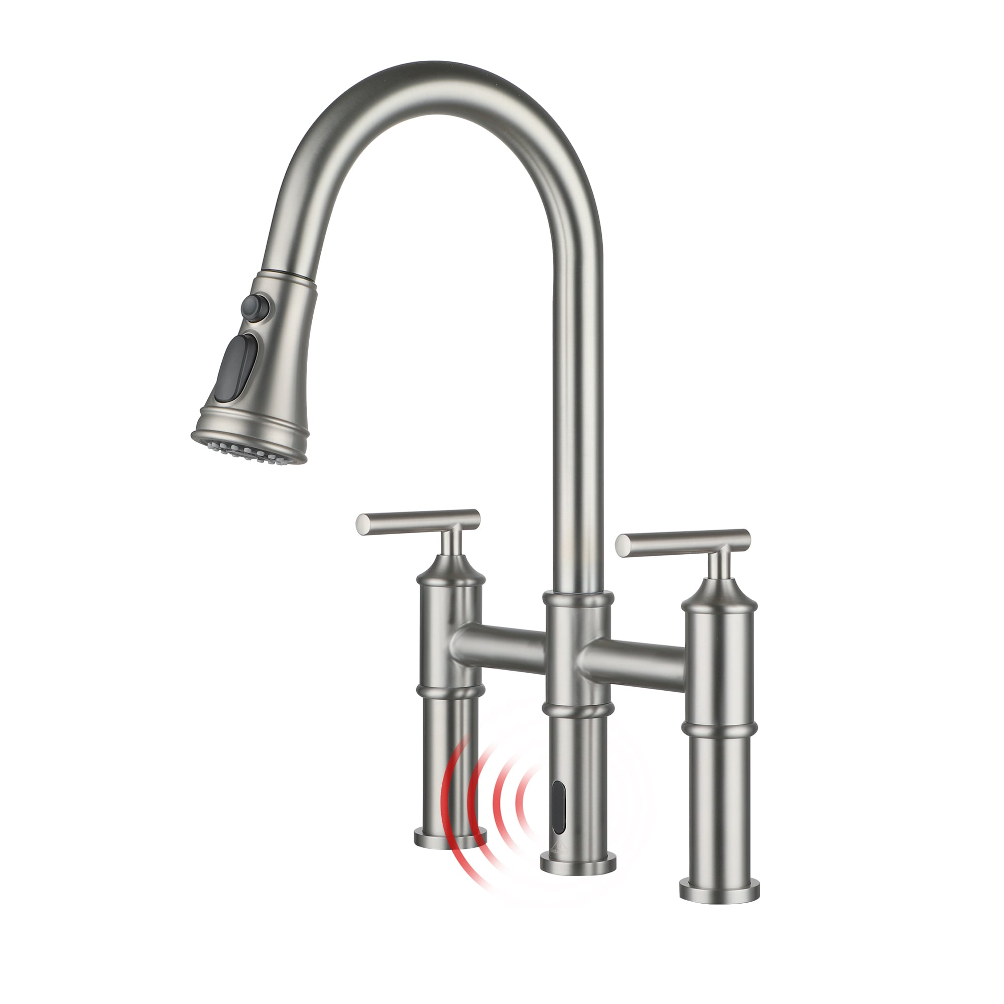 Double Handle Pull-Out Sprayer Bridge Kitchen Faucet with Infrared Sensor in Brushed Nickel