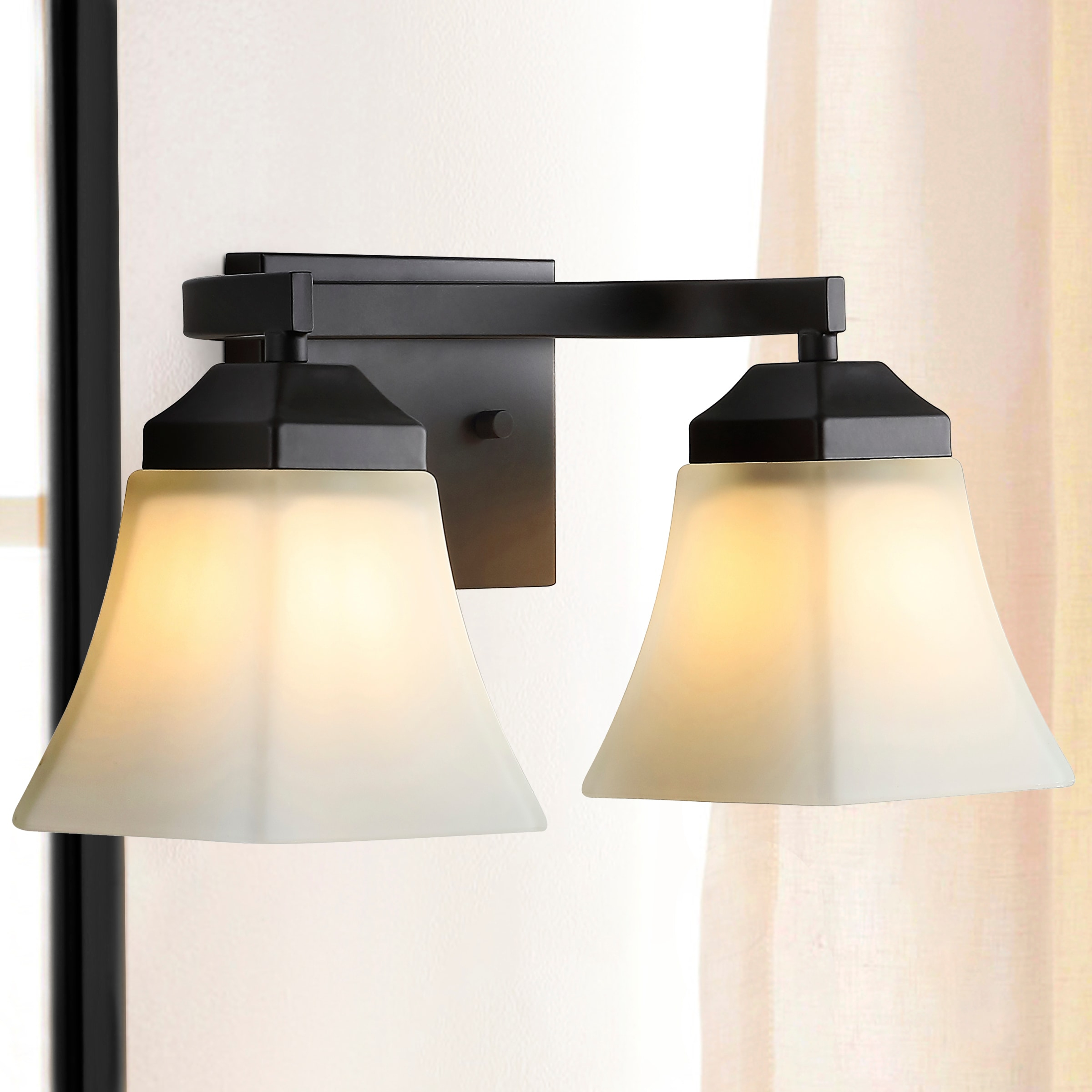 Staunton 15 in. 2-Light Iron/Glass Modern Cottage LED Vanity Light, Oil Rubbed Bronze