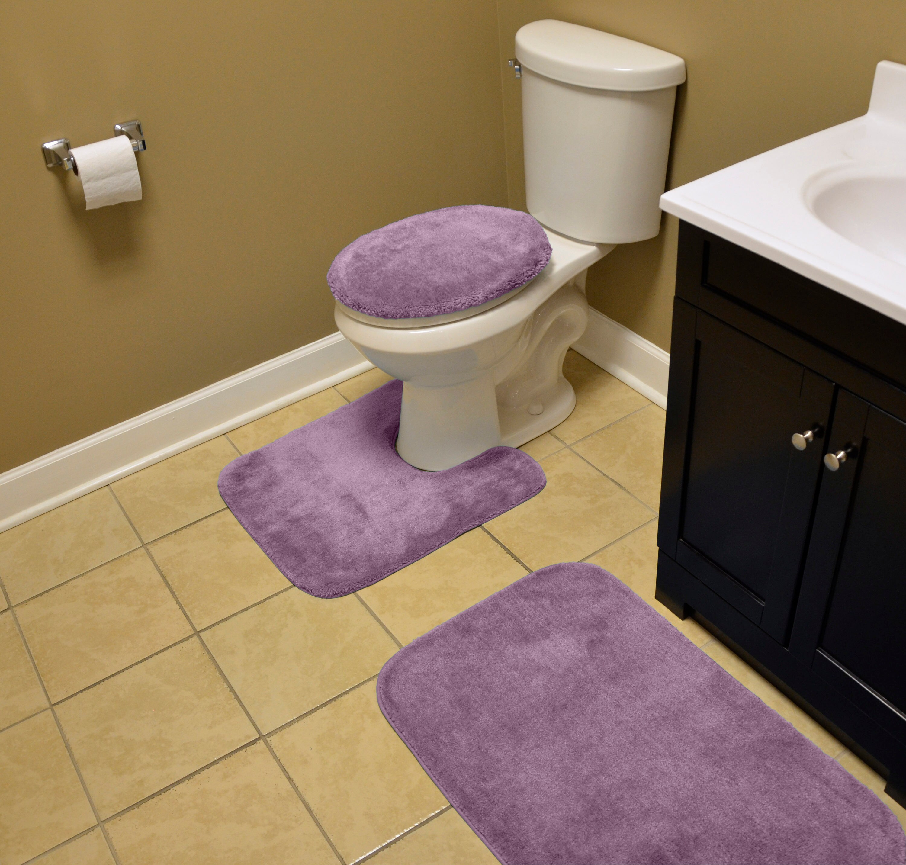 Garland Rug Traditional Washable Bath Rug Set, 3 Piece Set (21"x34" Bath Rug, Contour Rug, & Toilet Lid) Purple