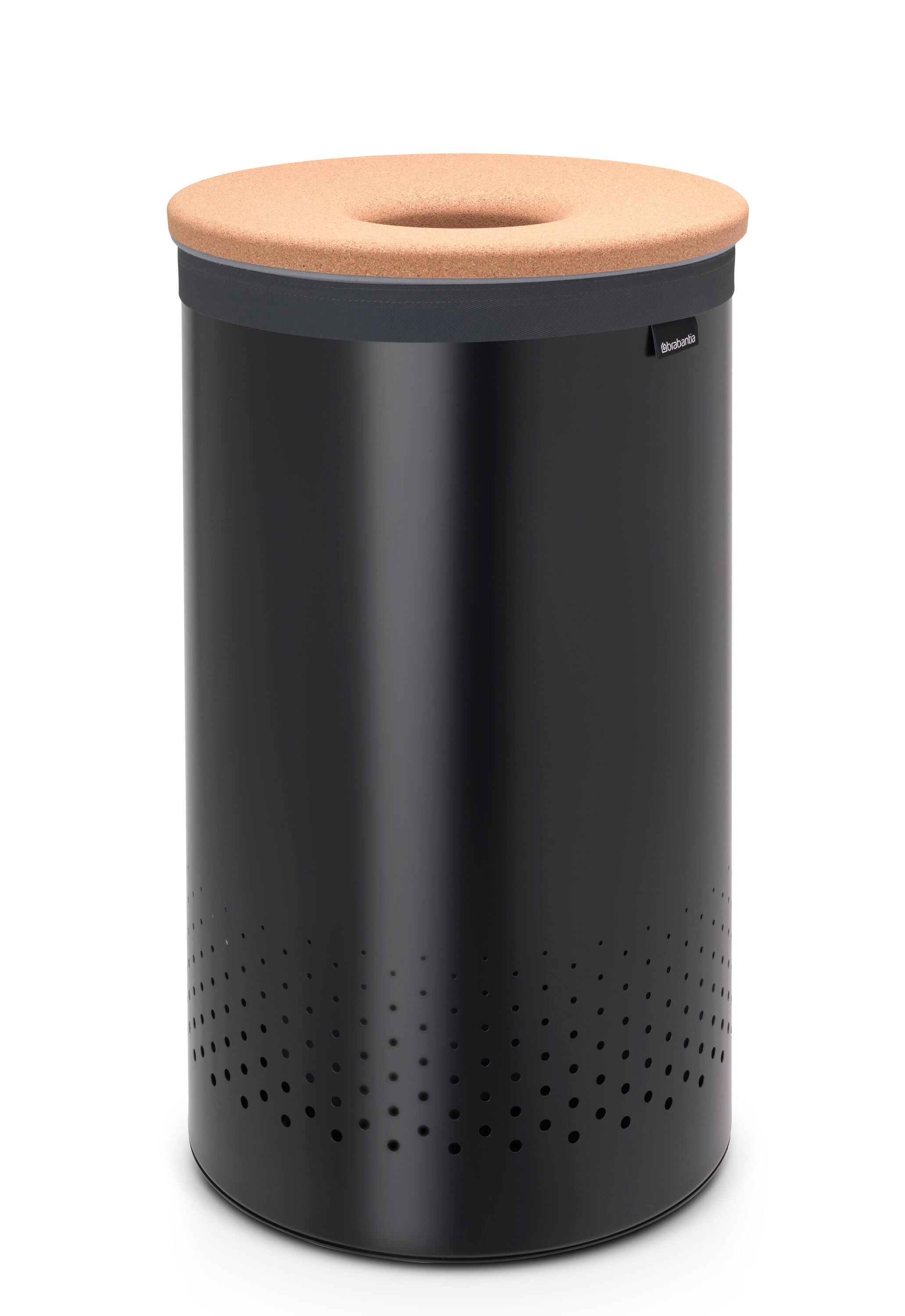 Brabantia - Laundry Hamper - with Cork Lid - Ventilation Holes - Corrosion Resistant Materials - Hygienic - Discrete - Laundry Basket - Bathroom - with Small Hole - Matt Black - 16 Gal