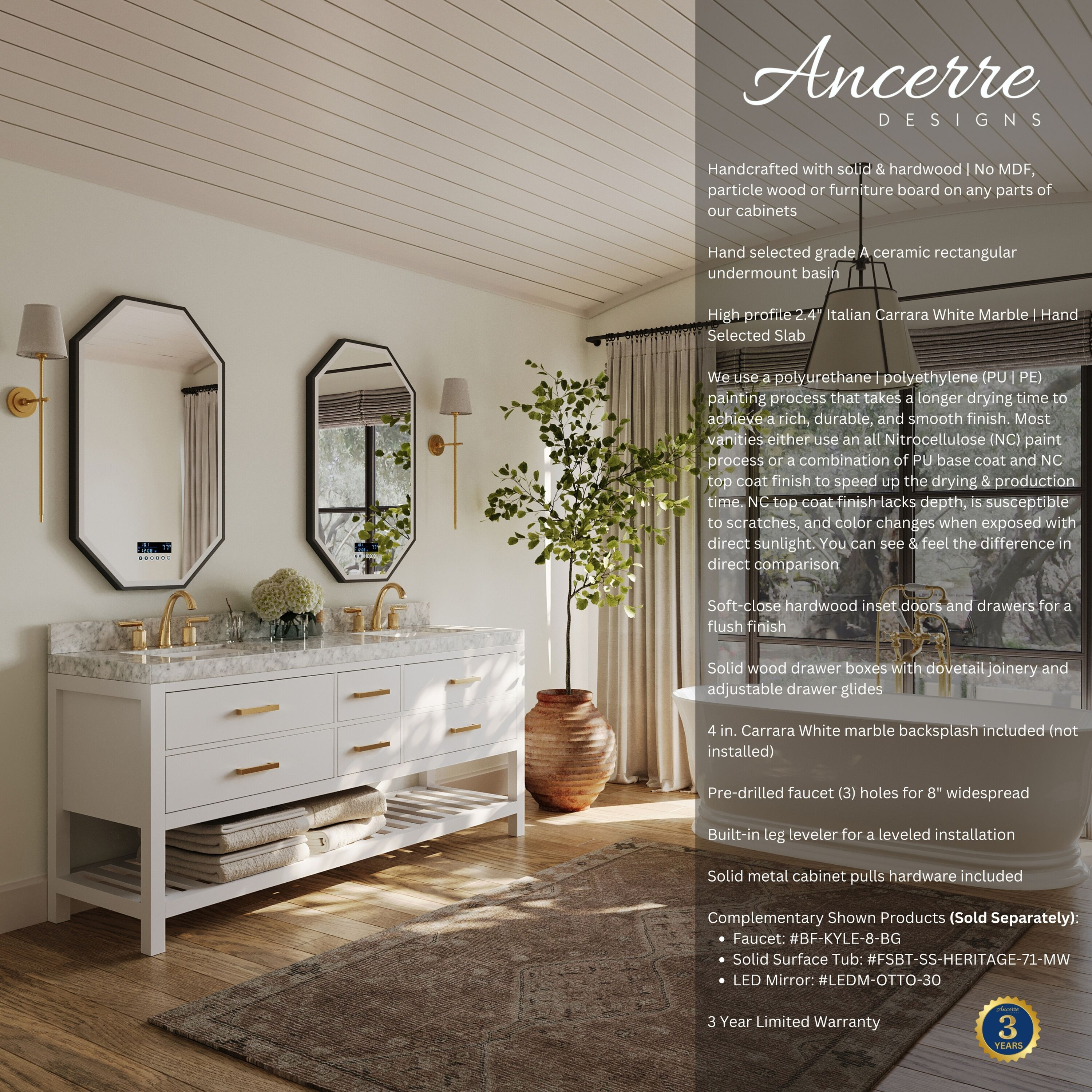 Ancerre Designs Elizabeth 72" Bathroom Vanity Set with Gold Hardware in White