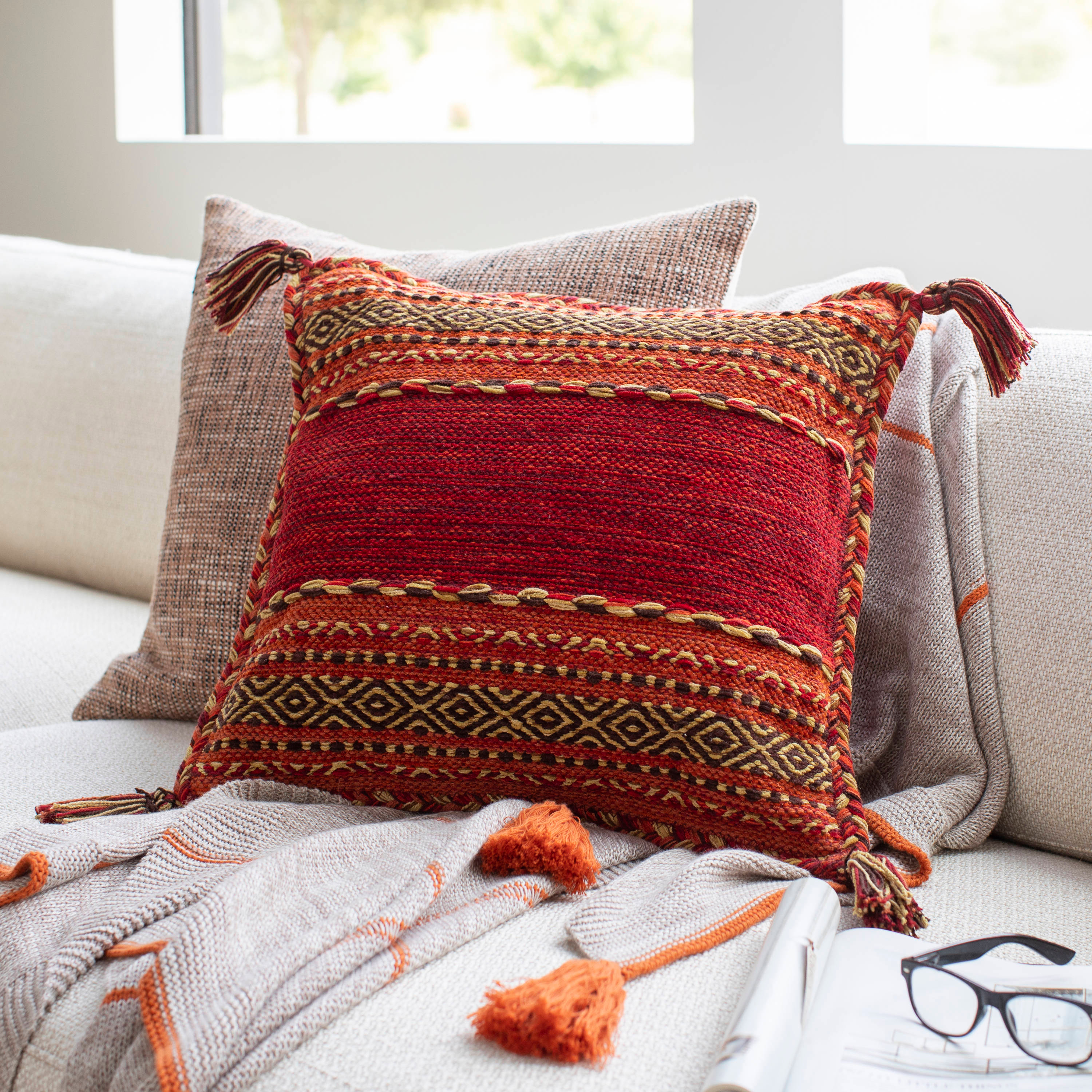 18'' Square Soft Tassel-Trimmed Geometric Stripe Throw Pillow