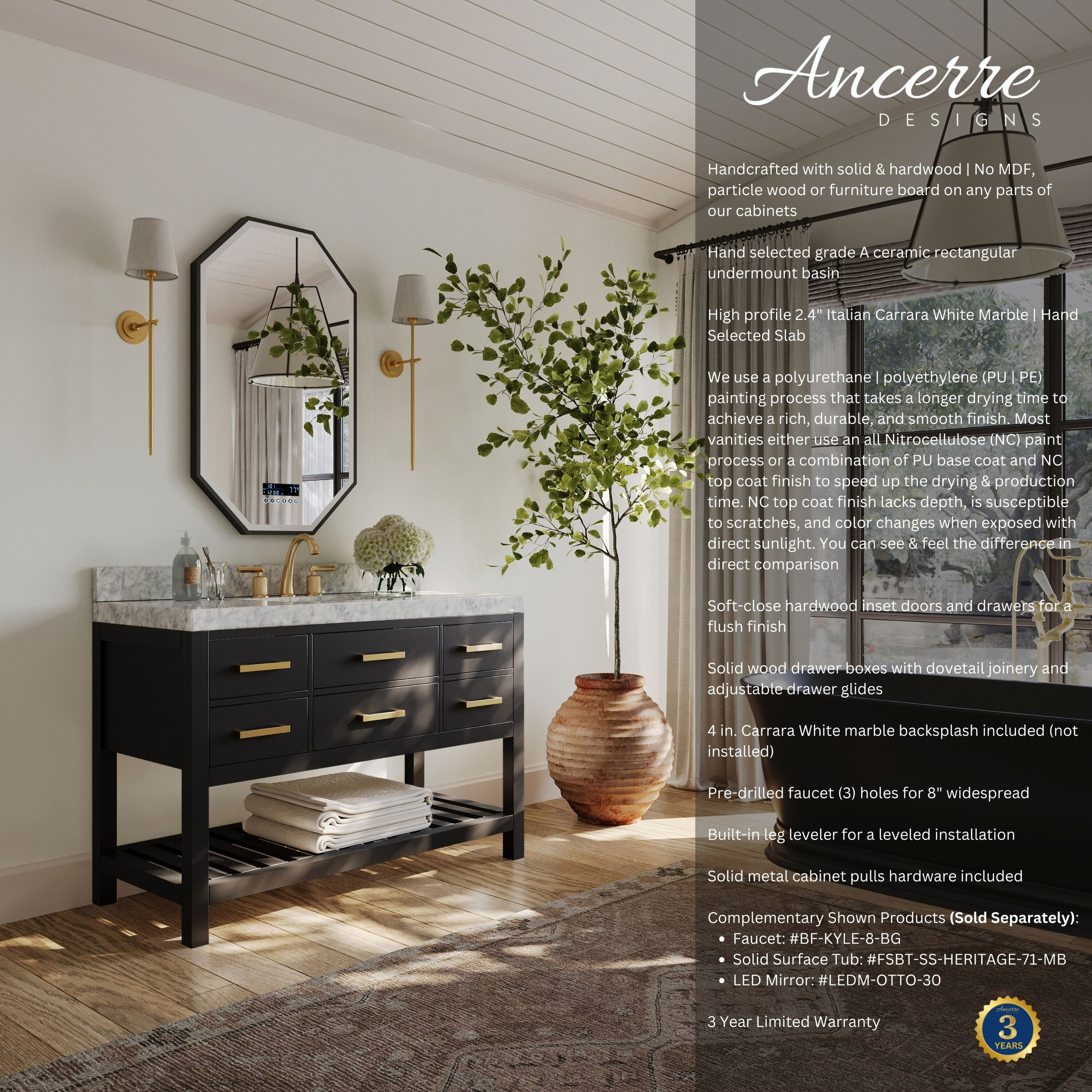 Ancerre Designs Elizabeth 48" Wood Bathroom Vanity Set in Black Onyx