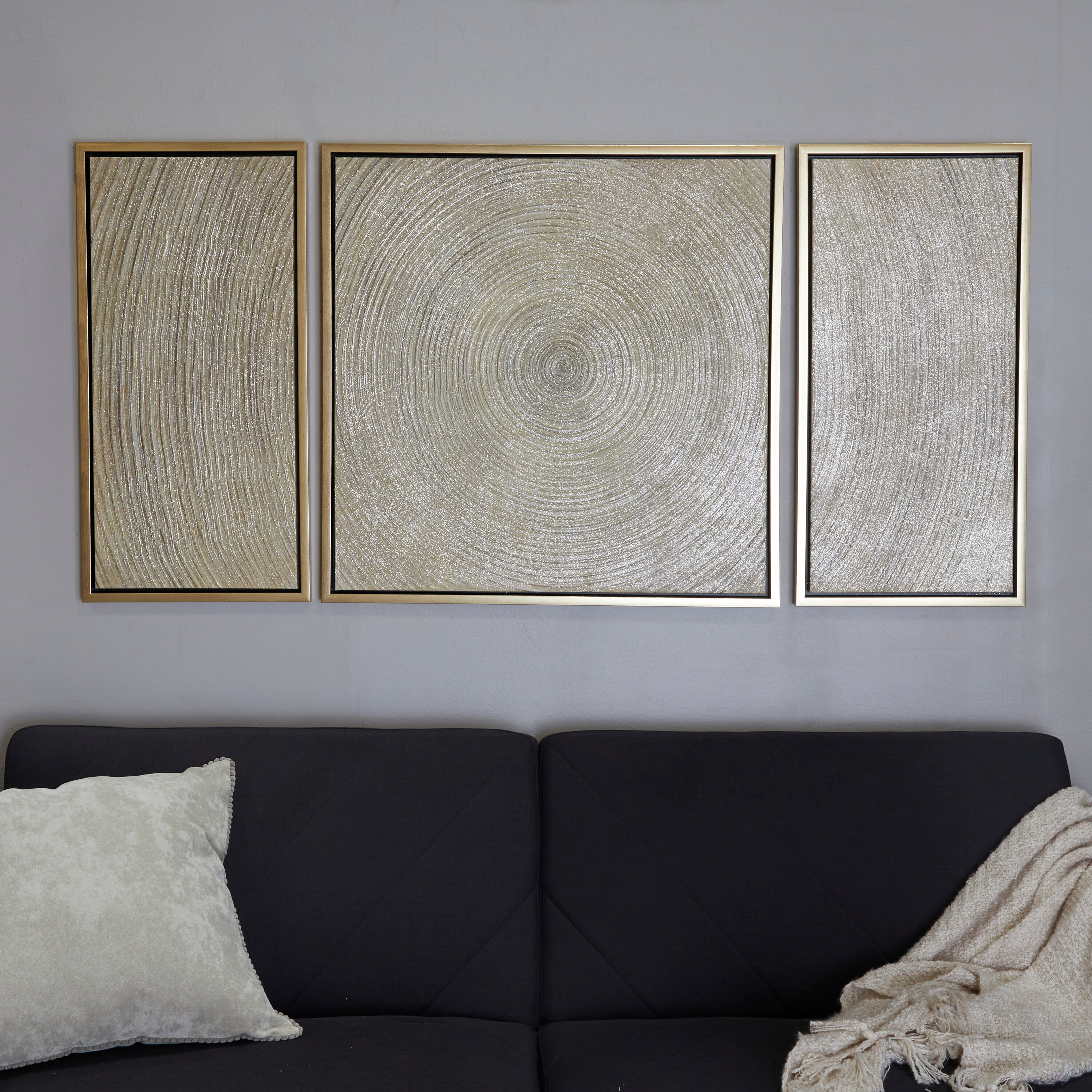 Deco 79 Canvas Starburst Living Room Framed Wall Art Ripple Canvas Wall Art with Gold Frame, Set of 3 Wall Art 32", 16", 16" W, Gold