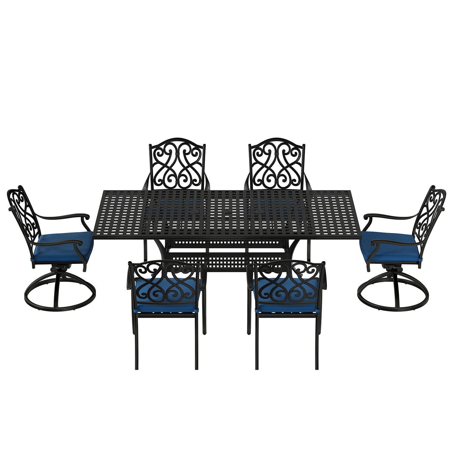 Black Cast Aluminum 6-Person Outdoor Dining Set with Blue Cushions