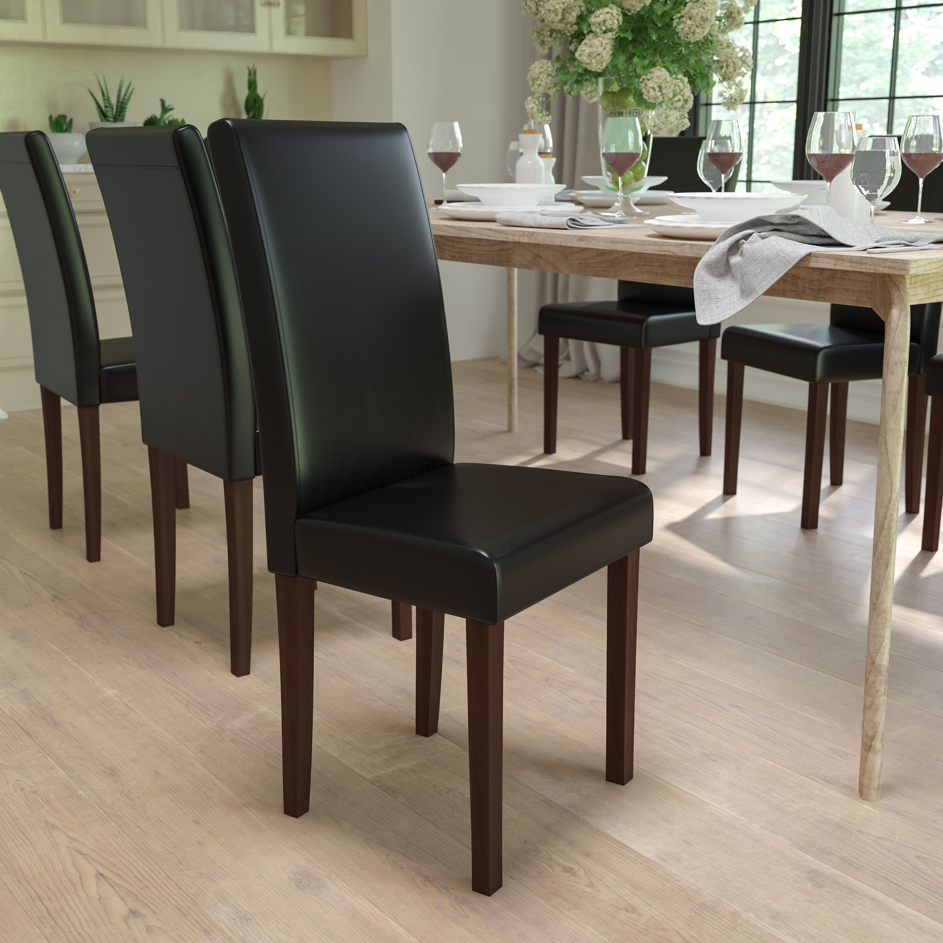Flash Furniture Set of 2 Greenwich Series Black LeatherSoft Upholstered Panel Back Mid-Century Parsons Dining Chairs