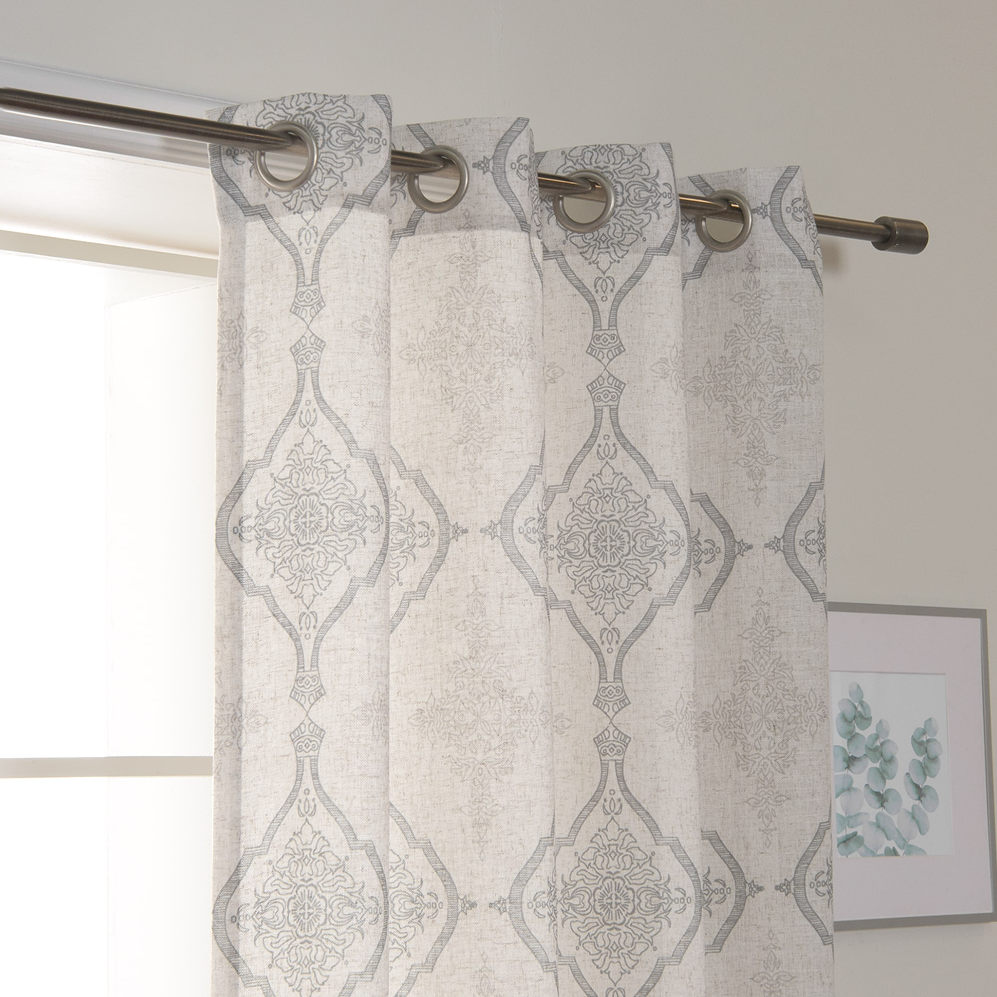 Gray Damask Medallion Linen Blend Sheer Window Panel