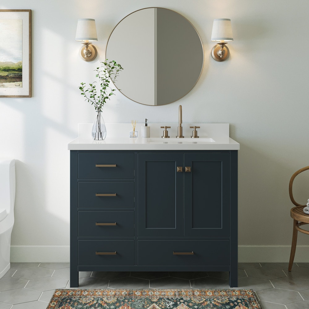 ARIEL Cambridge 43 Inch Midnight Blue Bathroom Vanity with Single Sink, Solid Wood, White Quartz Countertop, 1.5-Inch Edge, Right Rectangular Undermount Sink, 2 Soft Closing Doors, 5 Drawers