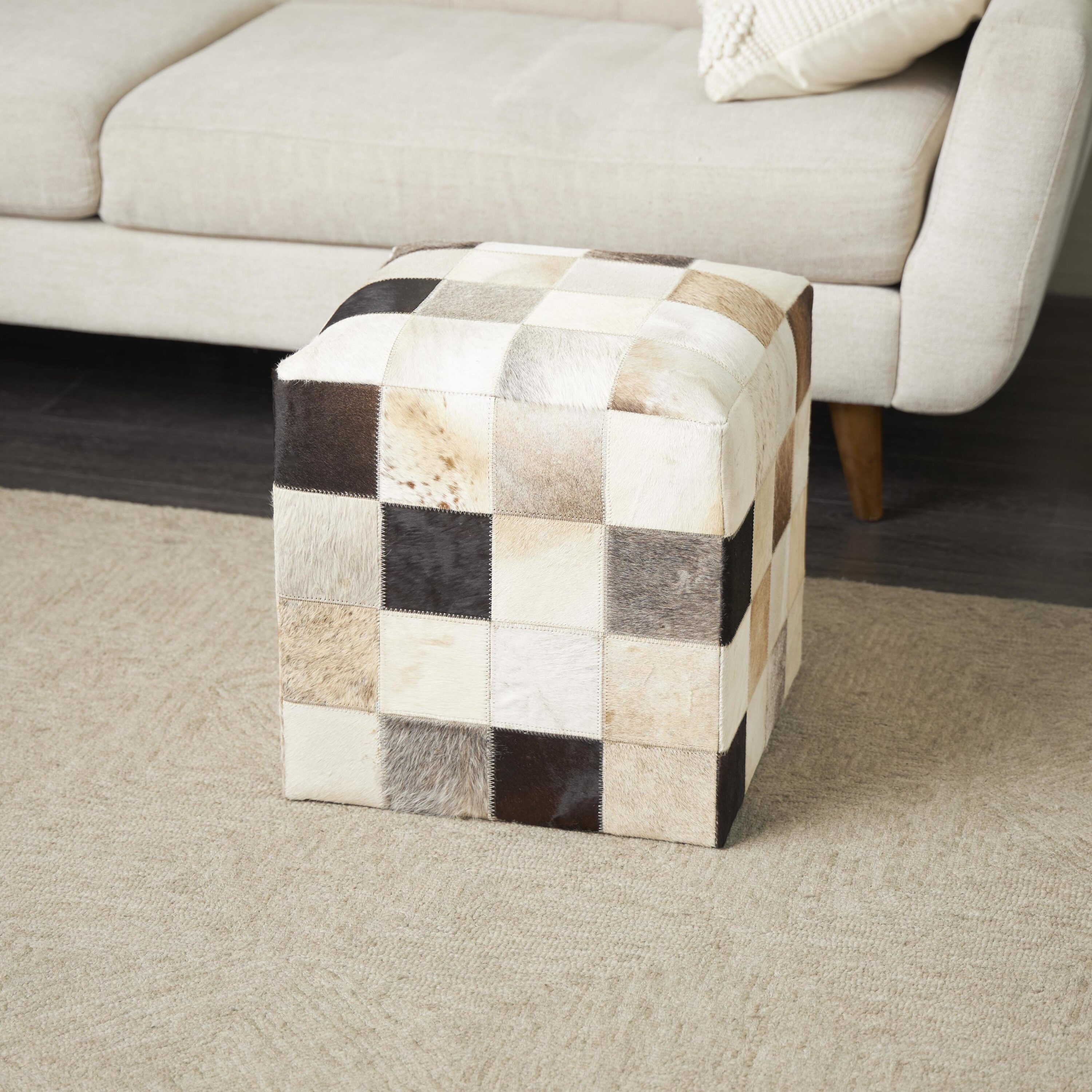 DecMode Leather Handmade Stool with Patchwork Pattern, Multi Colored