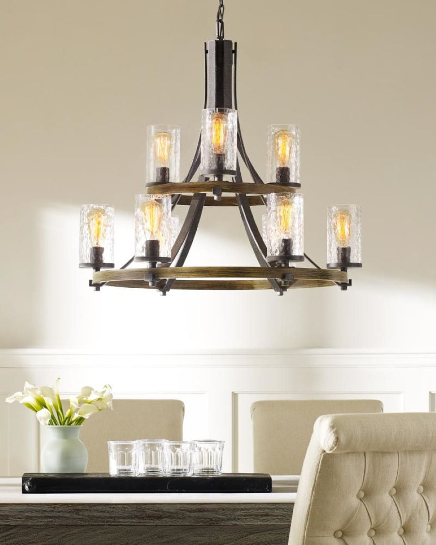 Distressed Weathered Oak and Slate Grey 9-Light Chandelier